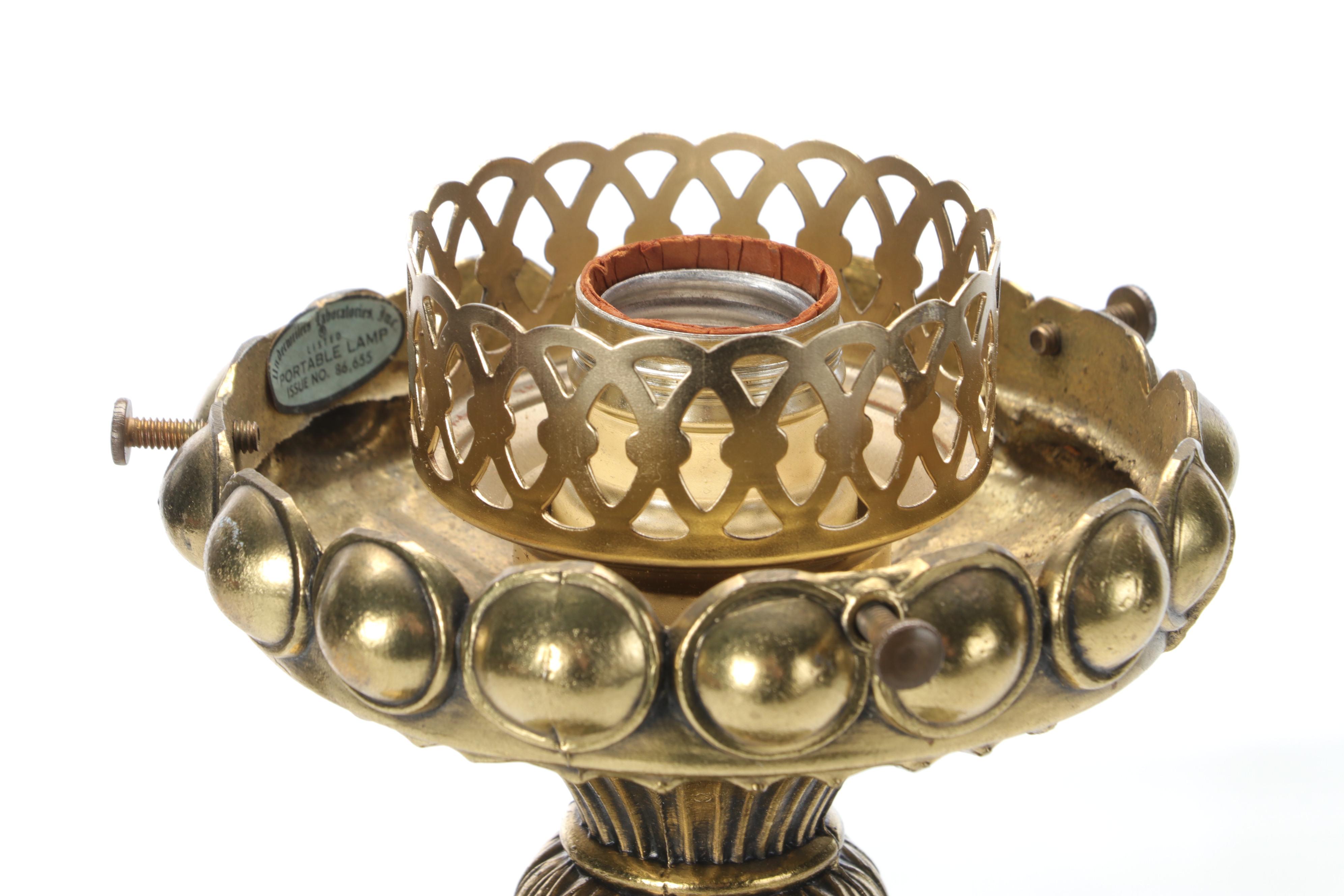 Fenton Burmese "Pressed Roses" Lampshade with Brass Candlestick Table Lamp