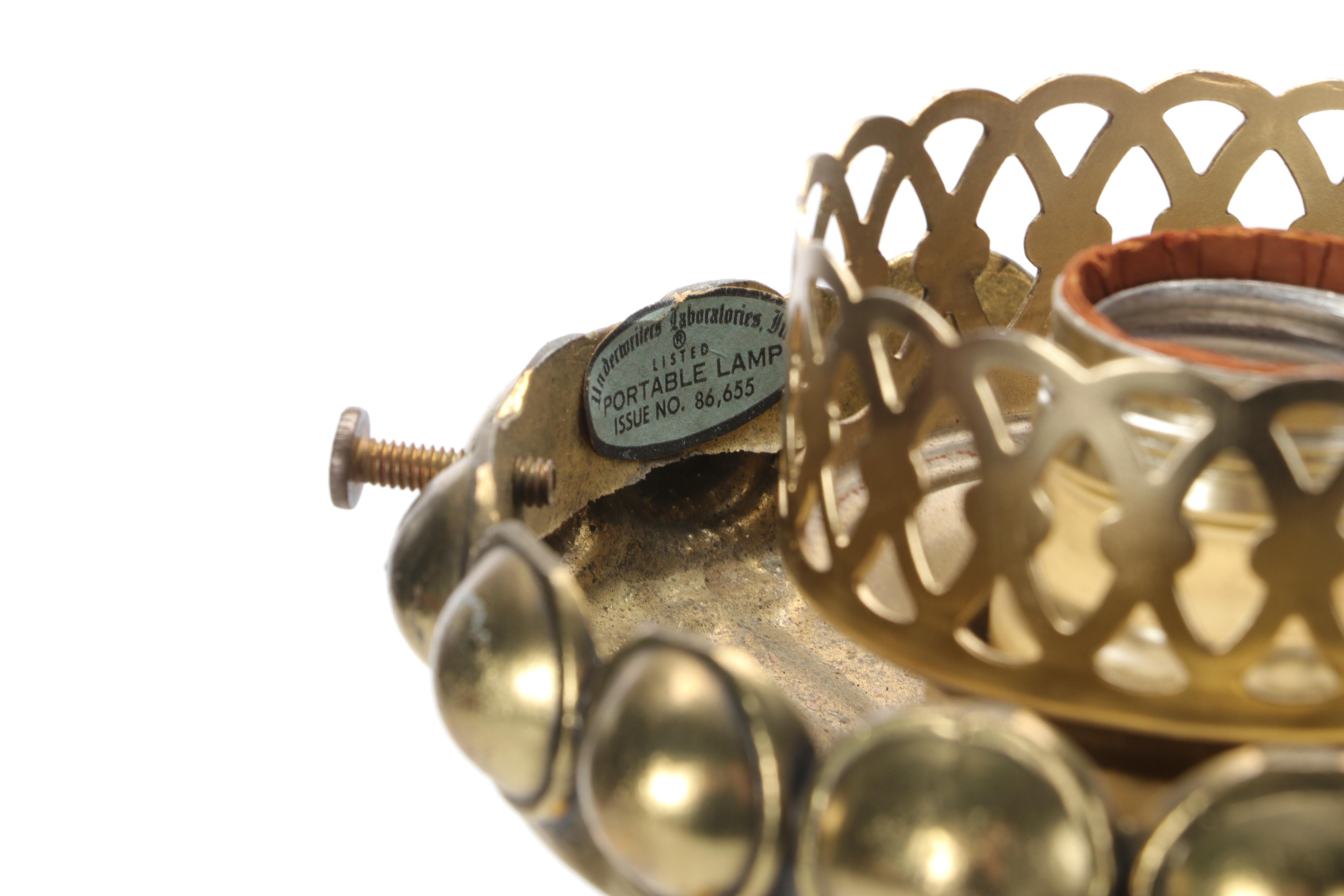 Fenton Burmese "Pressed Roses" Lampshade with Brass Candlestick Table Lamp