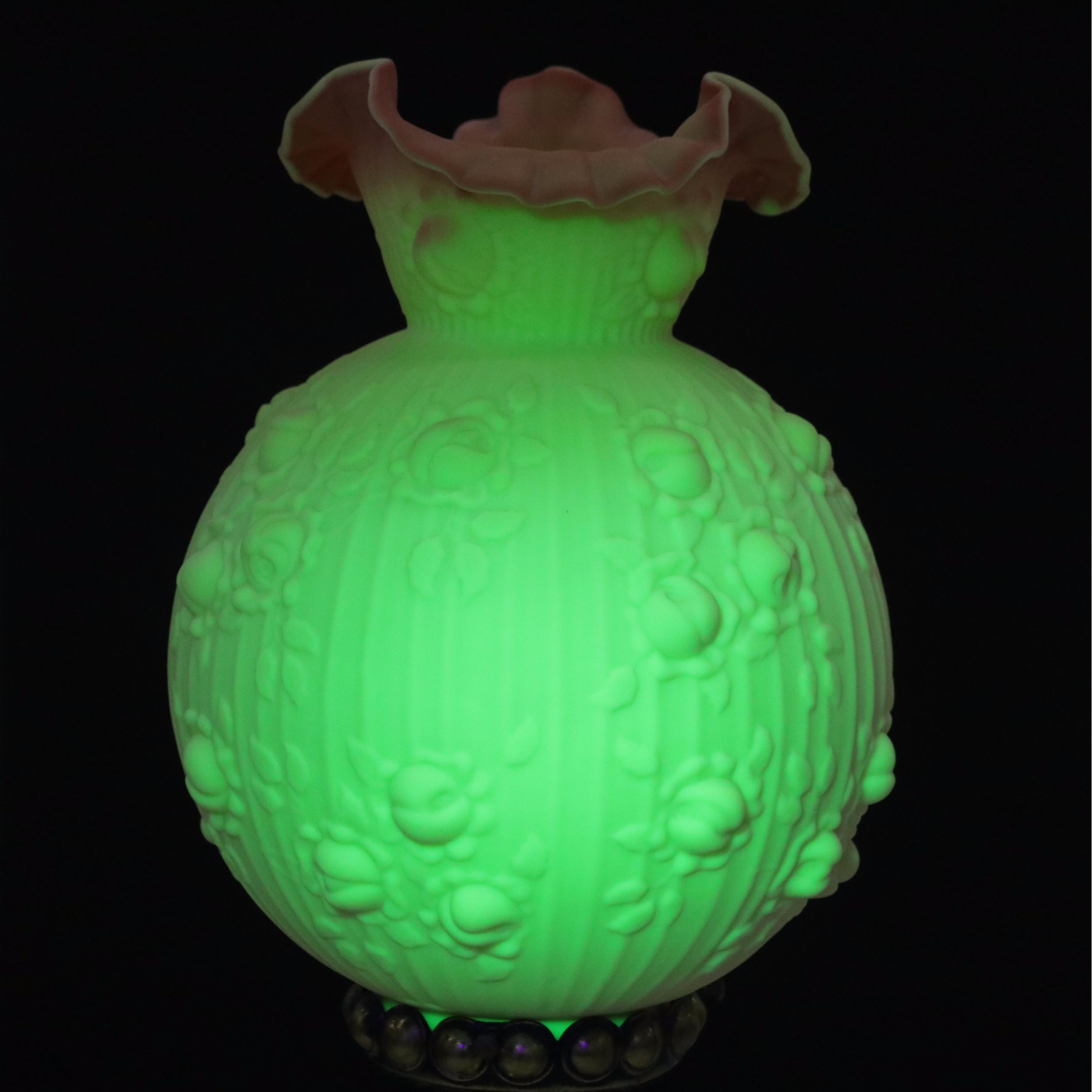 Fenton Burmese "Pressed Roses" Lampshade with Brass Candlestick Table Lamp