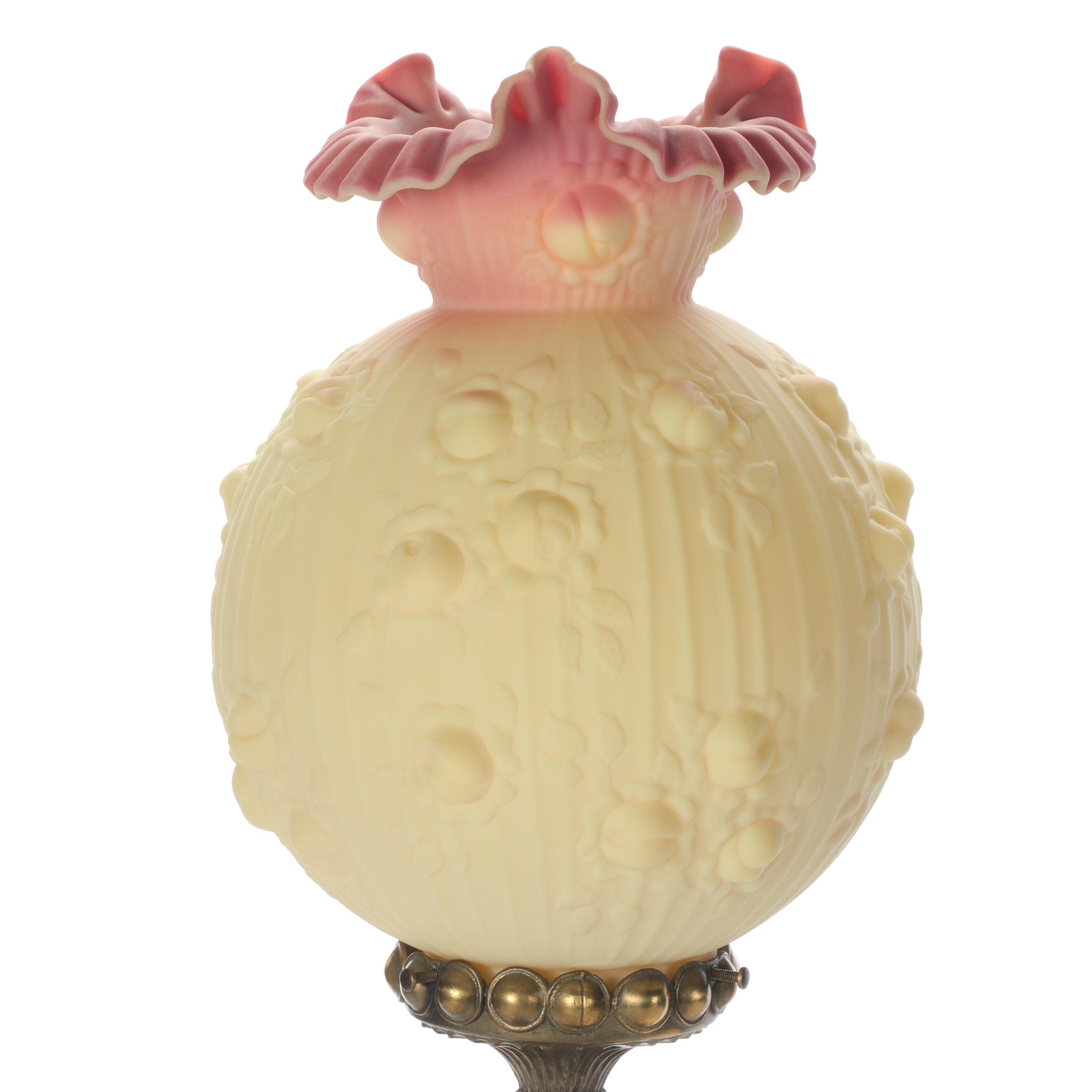 Fenton Burmese Ruffled Glass Lampshade with Brass Candlestick Table Lamp