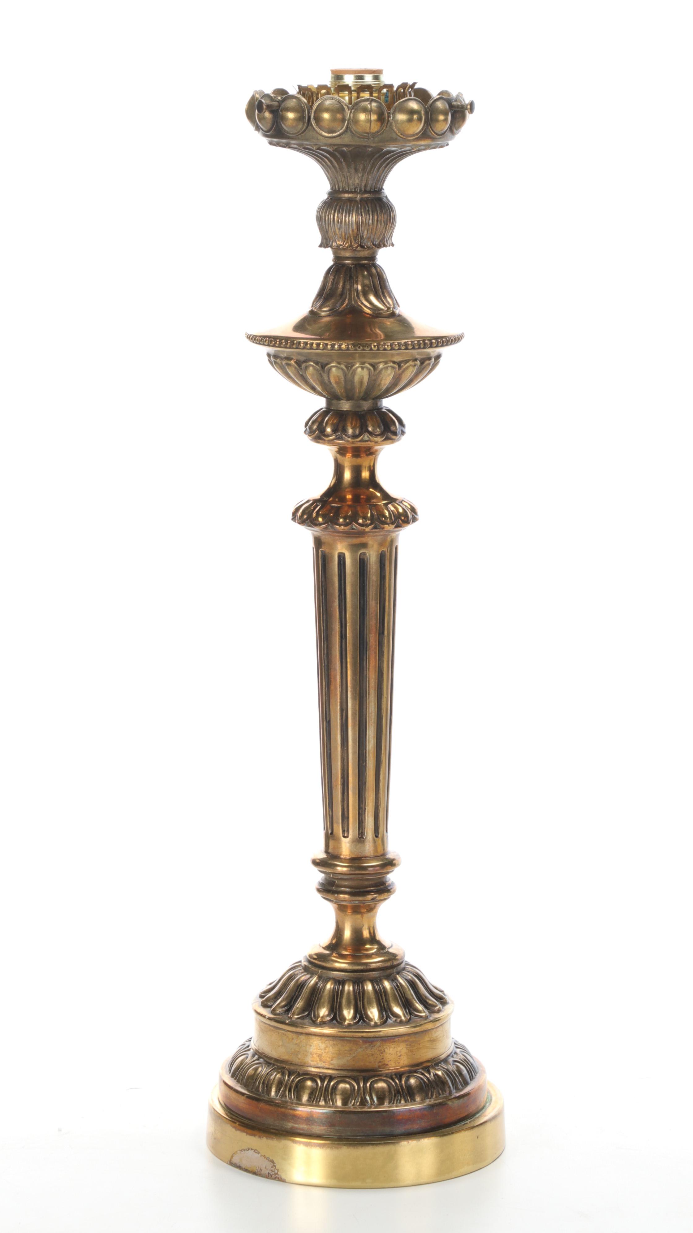 Fenton Burmese Ruffled Glass Lampshade with Brass Candlestick Table Lamp