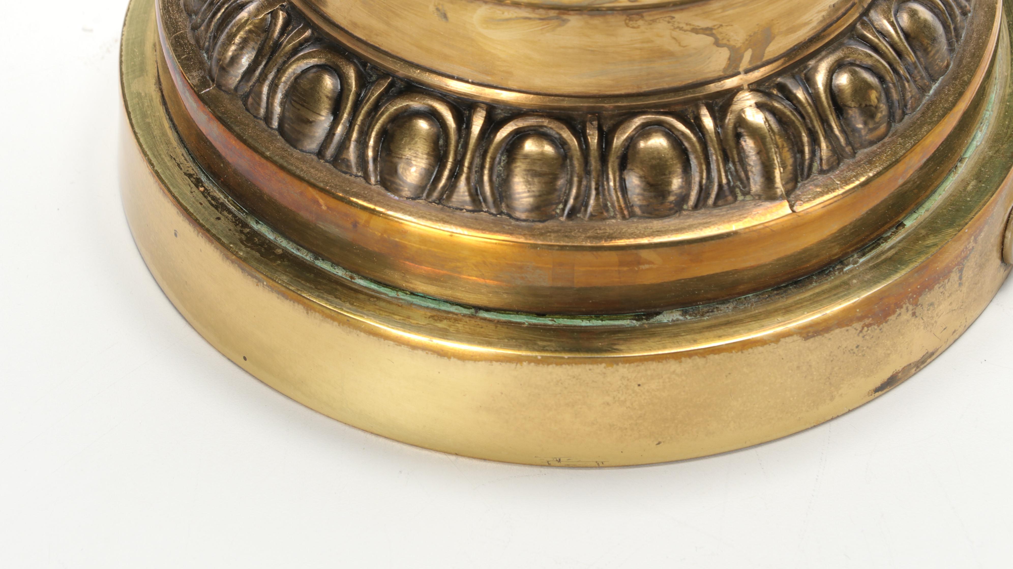 Fenton Burmese Ruffled Glass Lampshade with Brass Candlestick Table Lamp