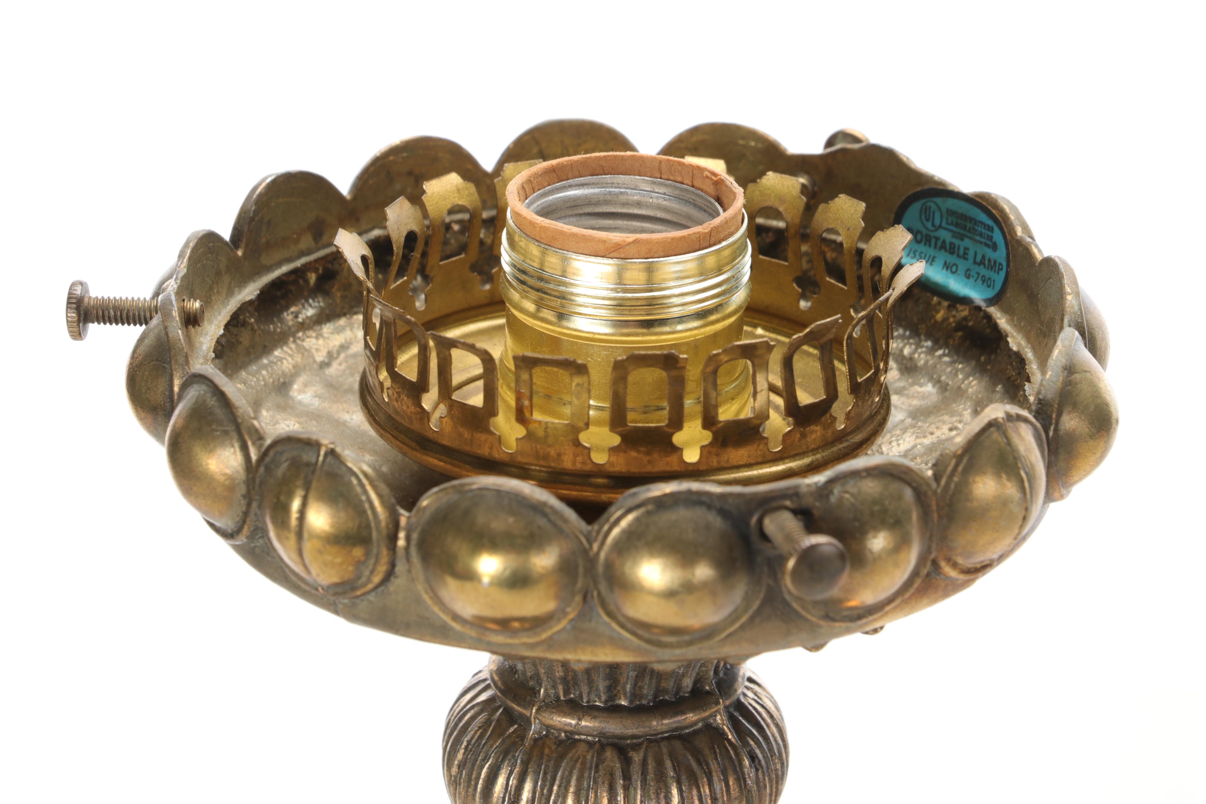 Fenton Burmese Ruffled Glass Lampshade with Brass Candlestick Table Lamp