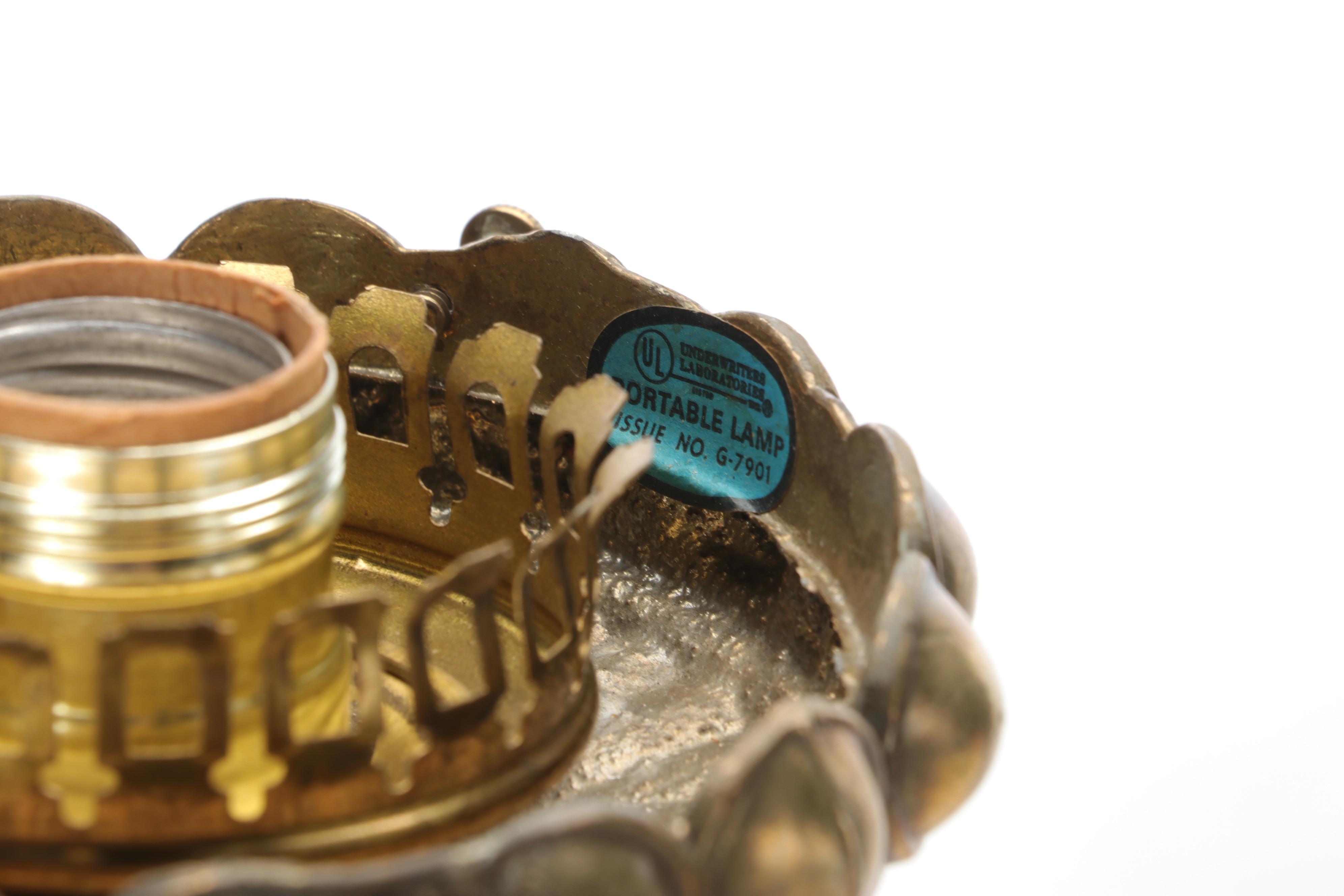 Fenton Burmese Ruffled Glass Lampshade with Brass Candlestick Table Lamp