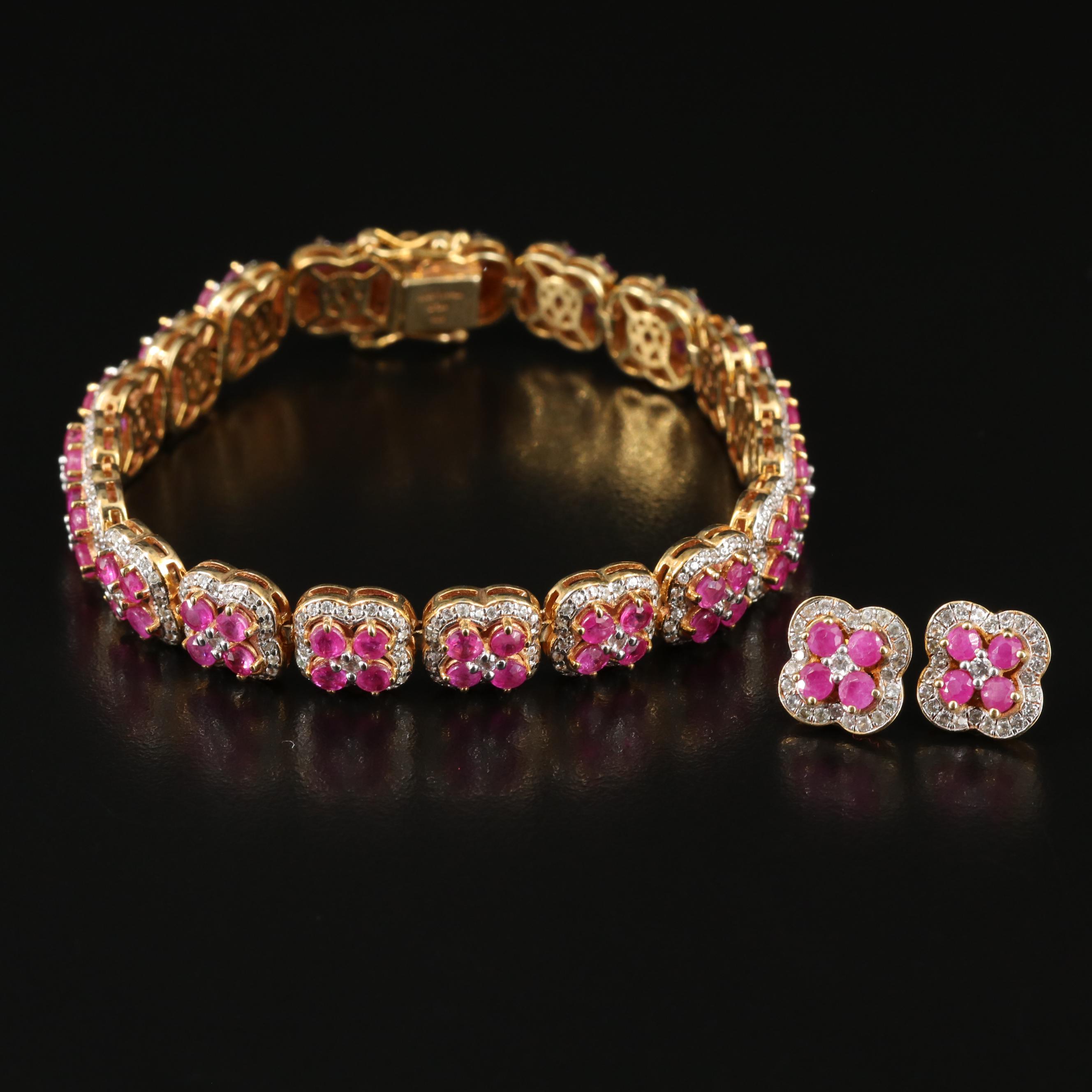 Sterling Ruby and White Zircon Quatrefoil Link Bracelet and Earrings