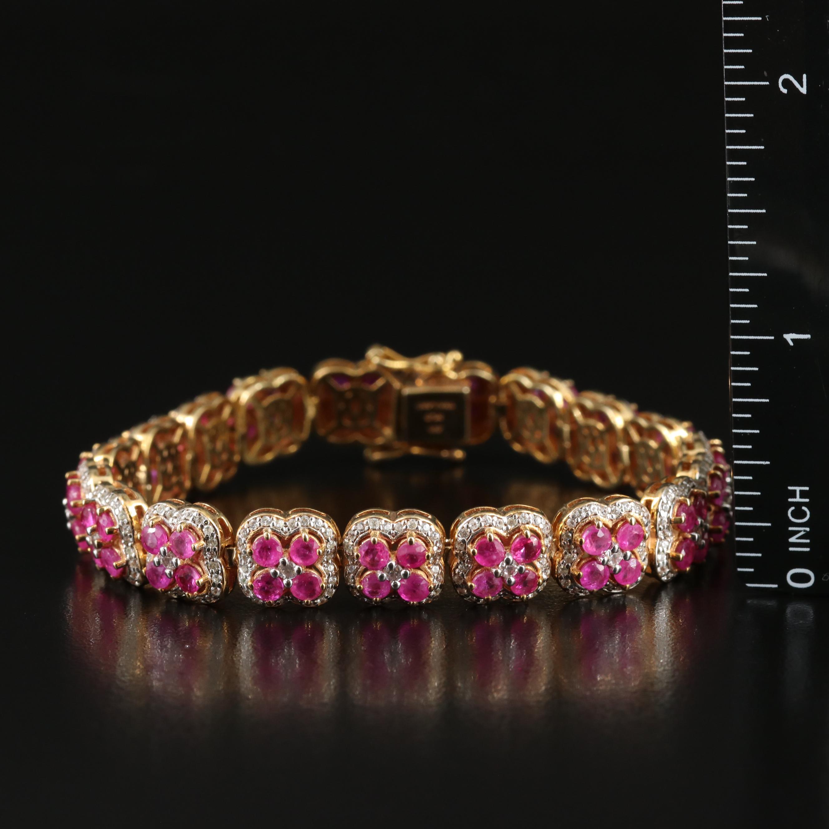 Sterling Ruby and White Zircon Quatrefoil Link Bracelet and Earrings