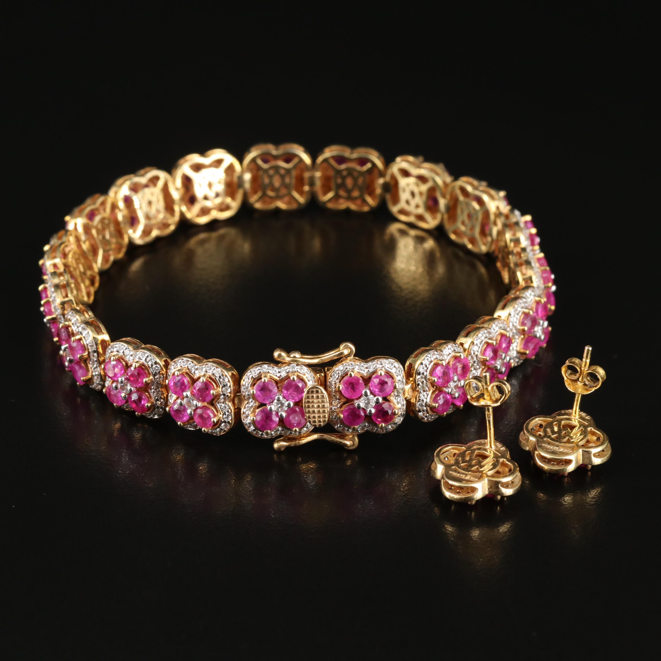 Sterling Ruby and White Zircon Quatrefoil Link Bracelet and Earrings