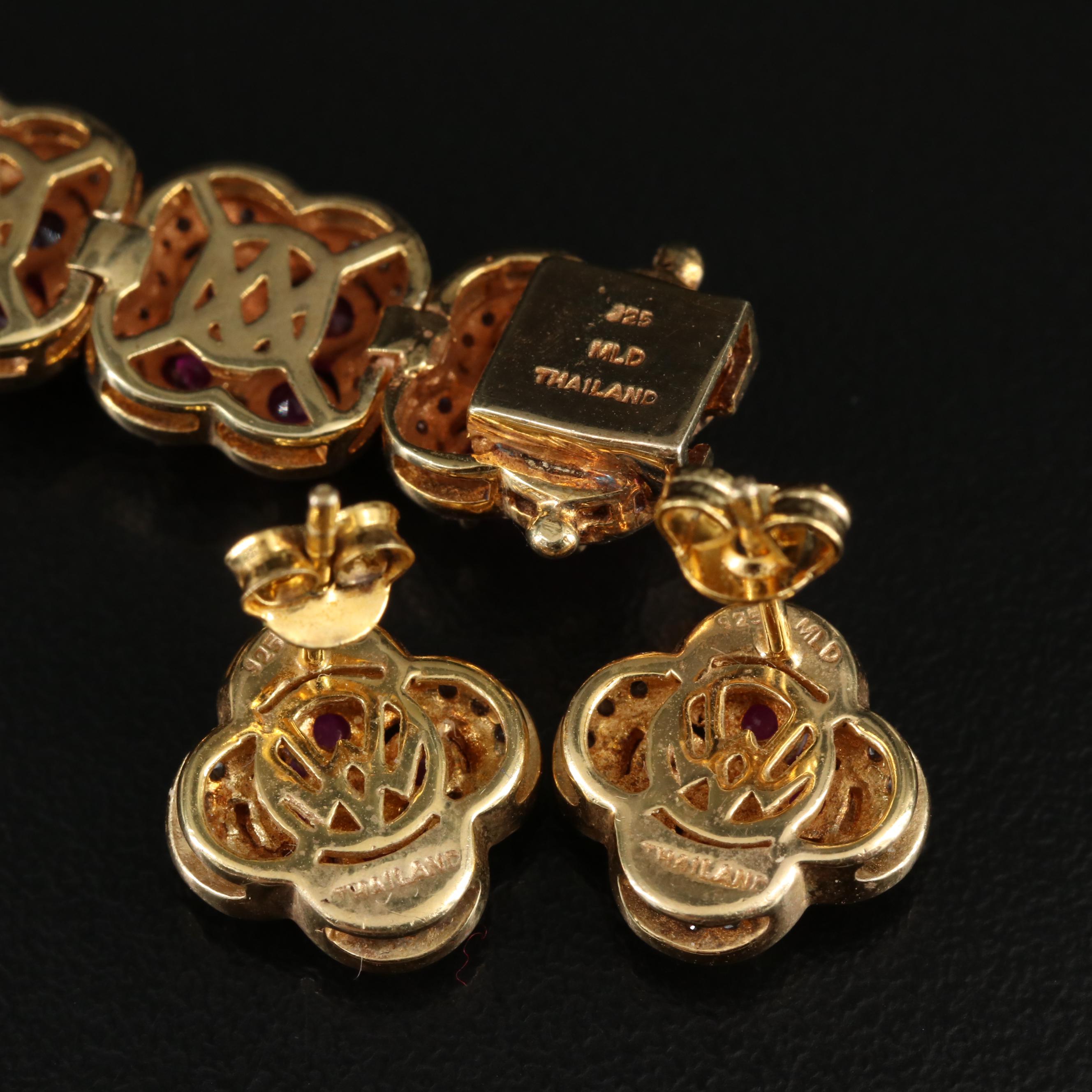 Sterling Ruby and White Zircon Quatrefoil Link Bracelet and Earrings