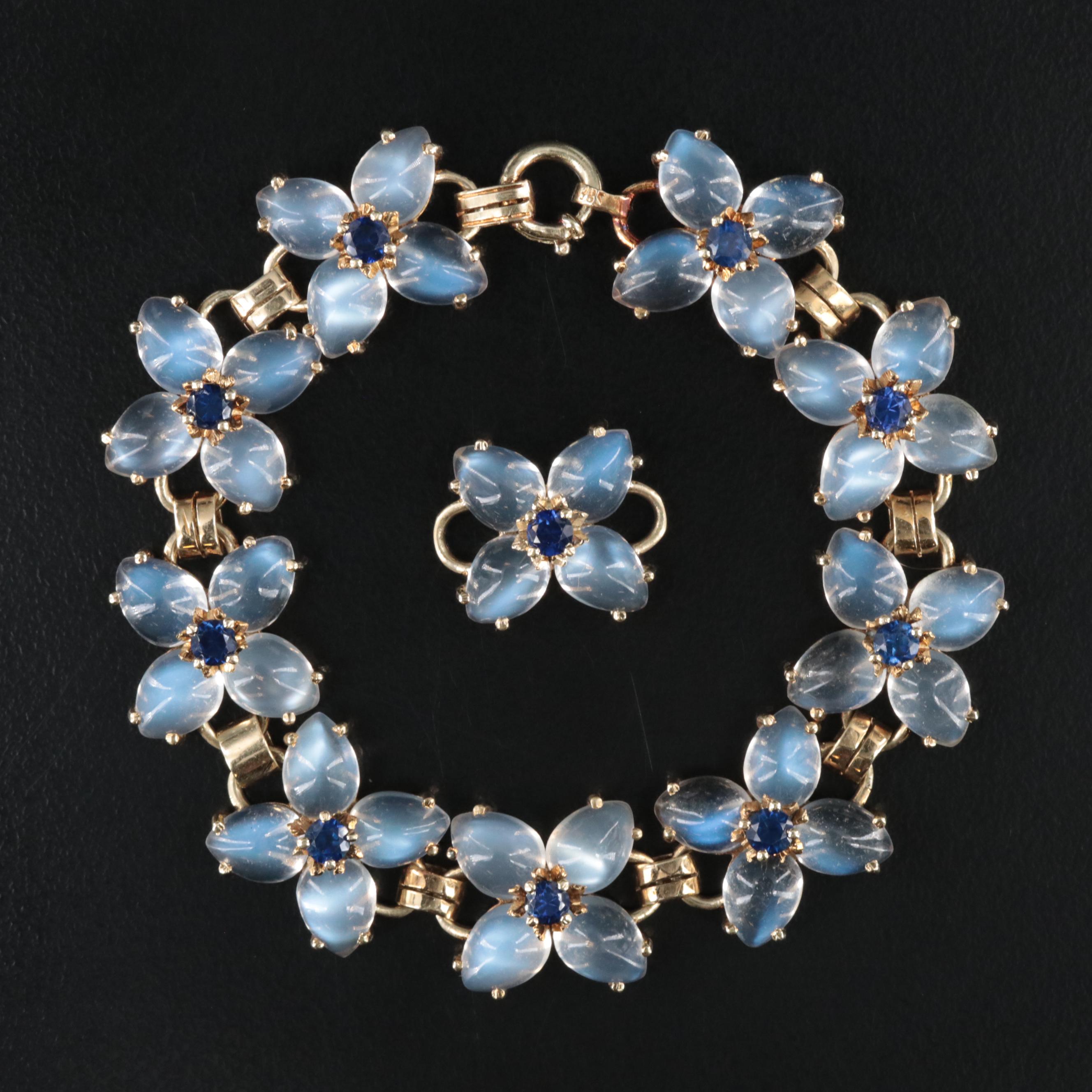 Vintage 14K Rainbow Moonstone and Sapphire Quatrefoil Bracelet