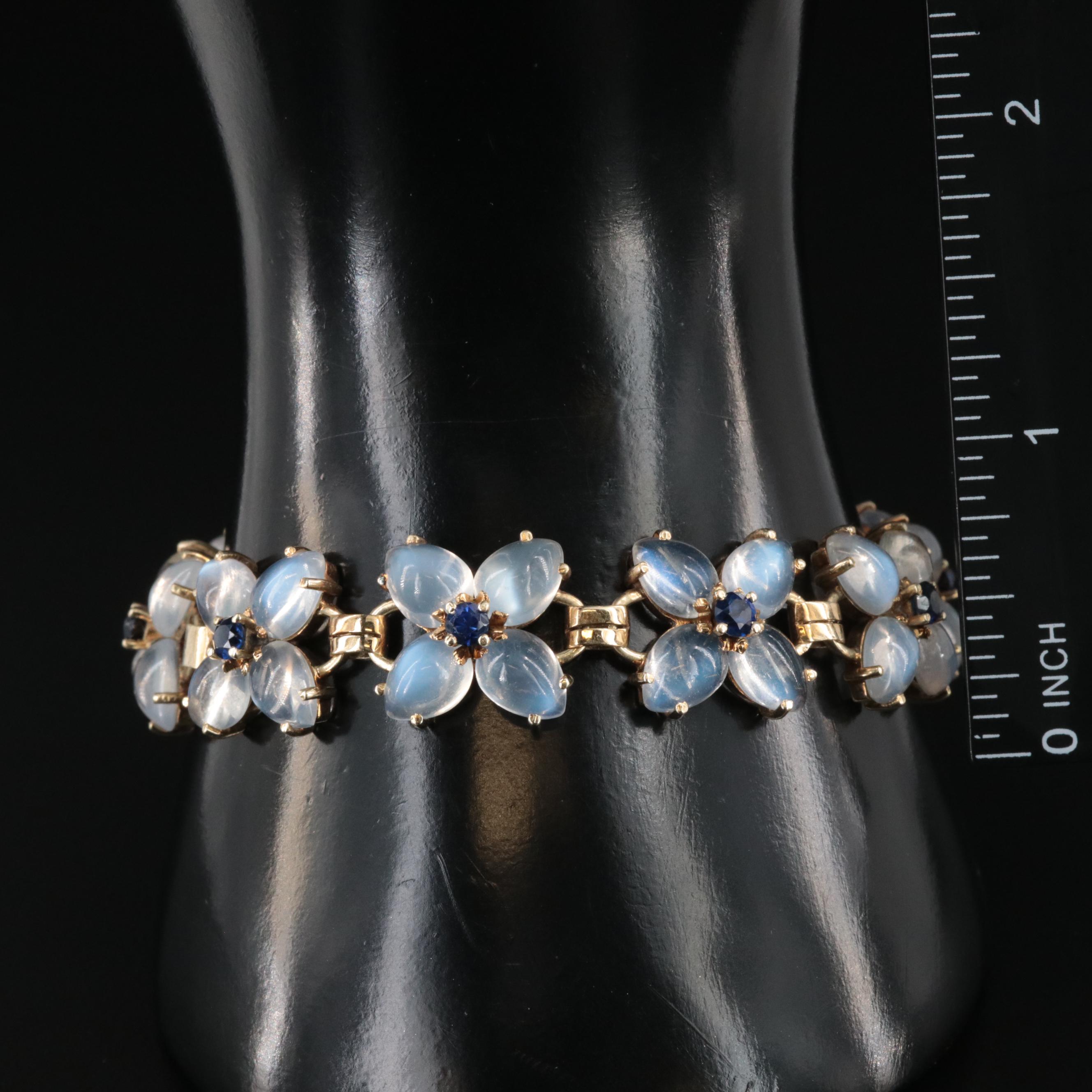 Vintage 14K Rainbow Moonstone and Sapphire Quatrefoil Bracelet