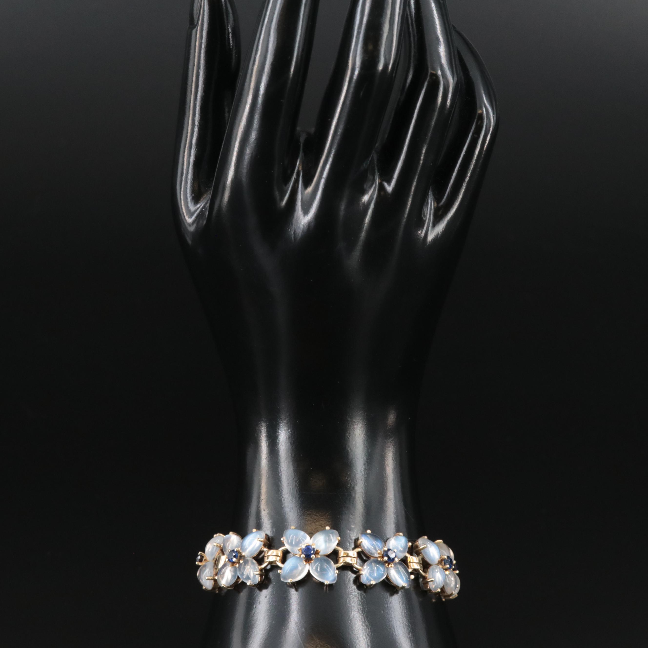 Vintage 14K Rainbow Moonstone and Sapphire Quatrefoil Bracelet