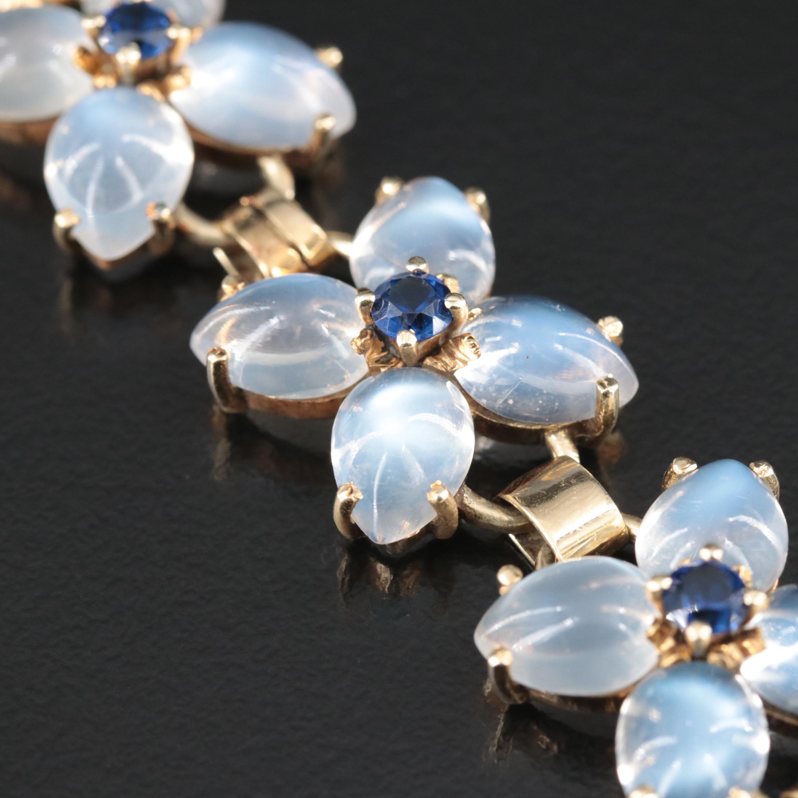 Vintage 14K Rainbow Moonstone and Sapphire Quatrefoil Bracelet