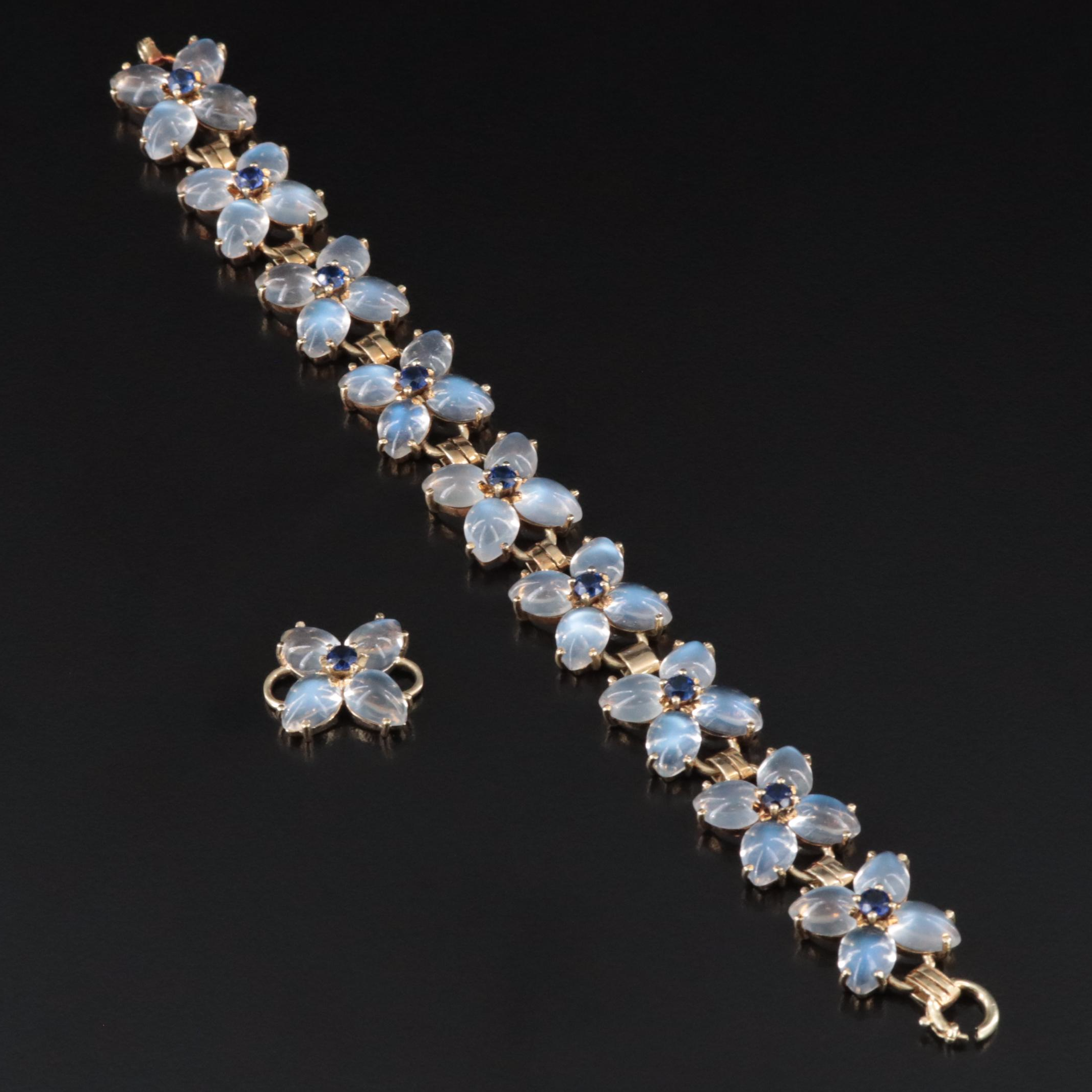 Vintage 14K Rainbow Moonstone and Sapphire Quatrefoil Bracelet