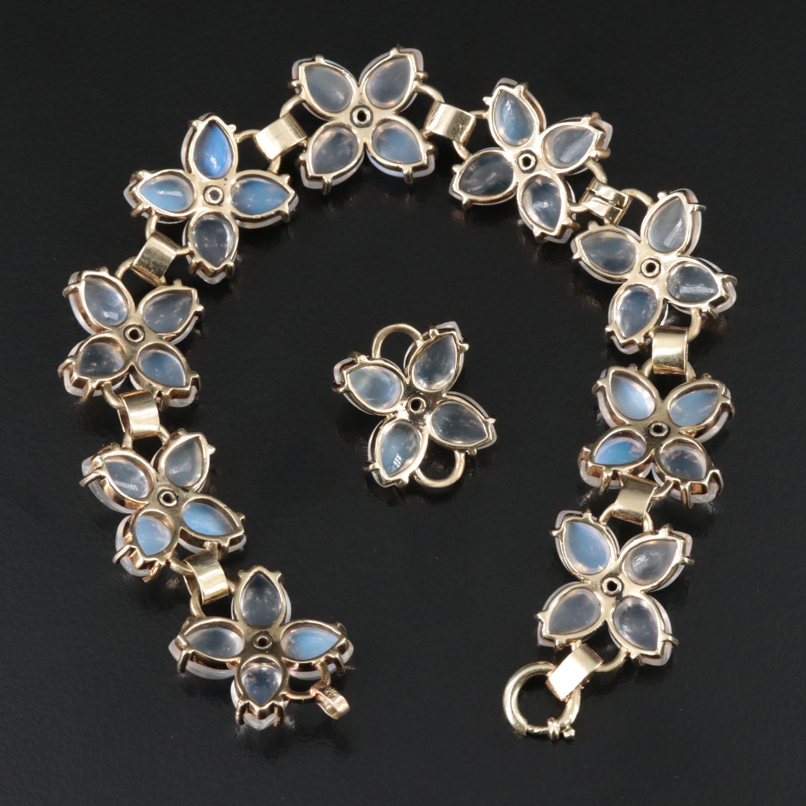 Vintage 14K Rainbow Moonstone and Sapphire Quatrefoil Bracelet