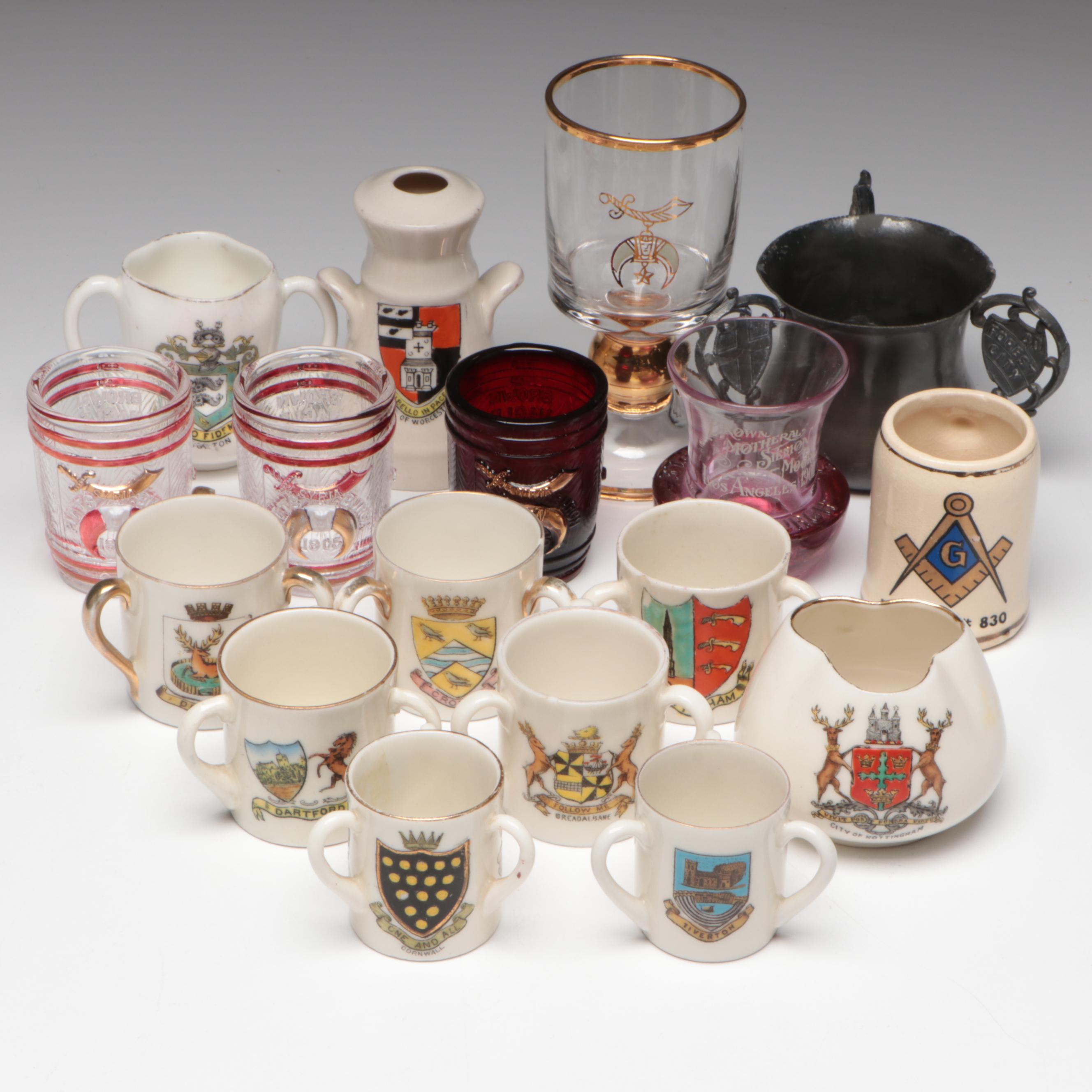 Heraldic Porcelain, Glass, and Metal Tygs with Other Cups and Toothpick Holders