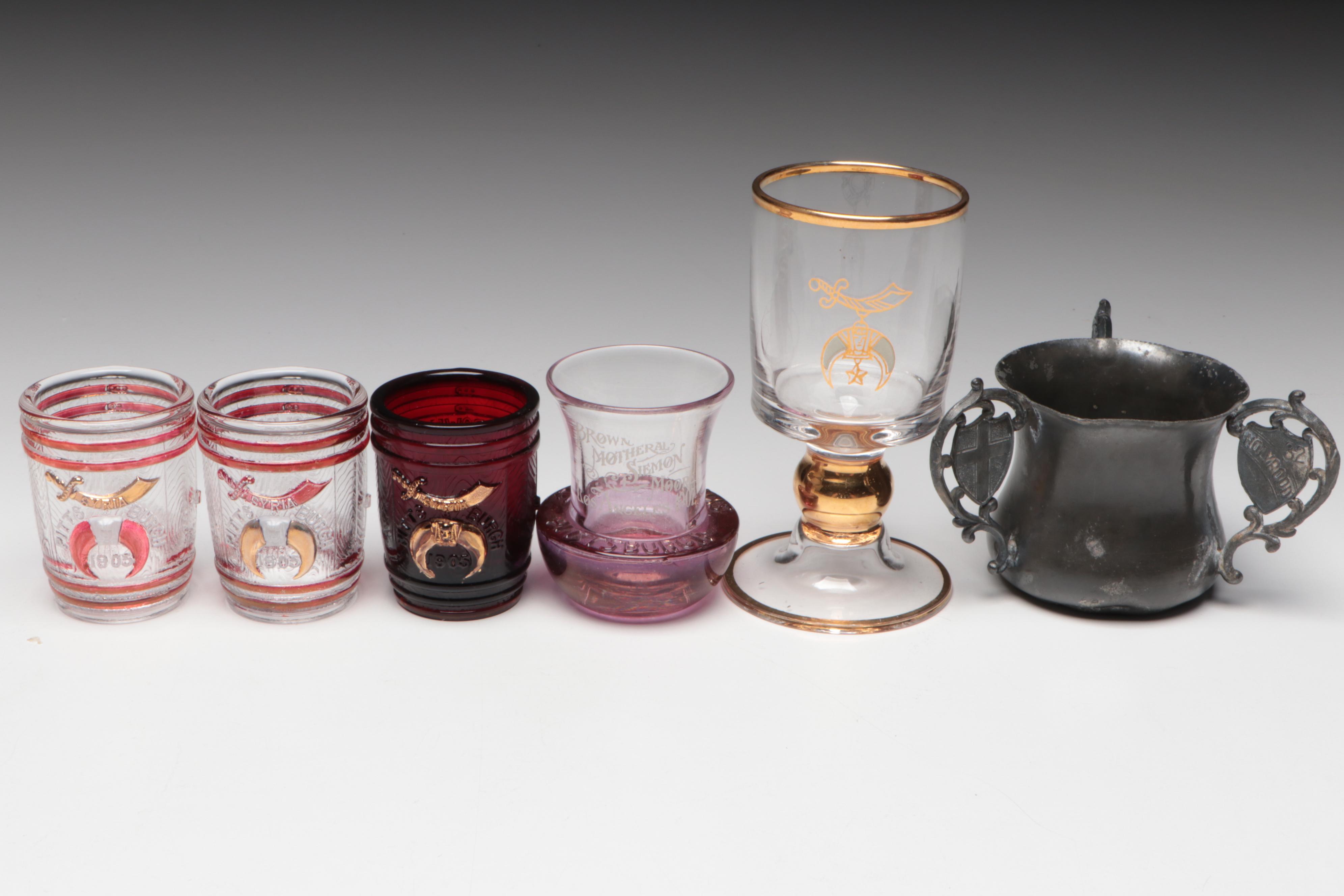 Heraldic Porcelain, Glass, and Metal Tygs with Other Cups and Toothpick Holders