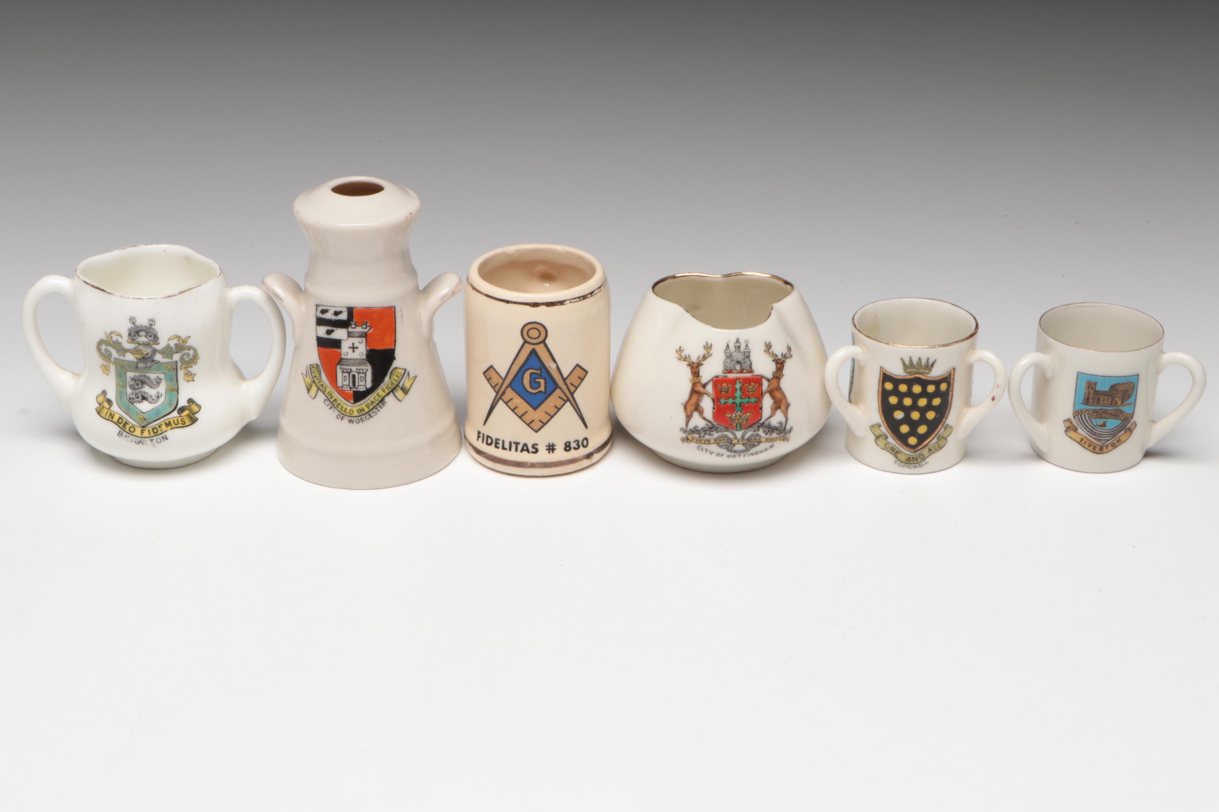 Heraldic Porcelain, Glass, and Metal Tygs with Other Cups and Toothpick Holders