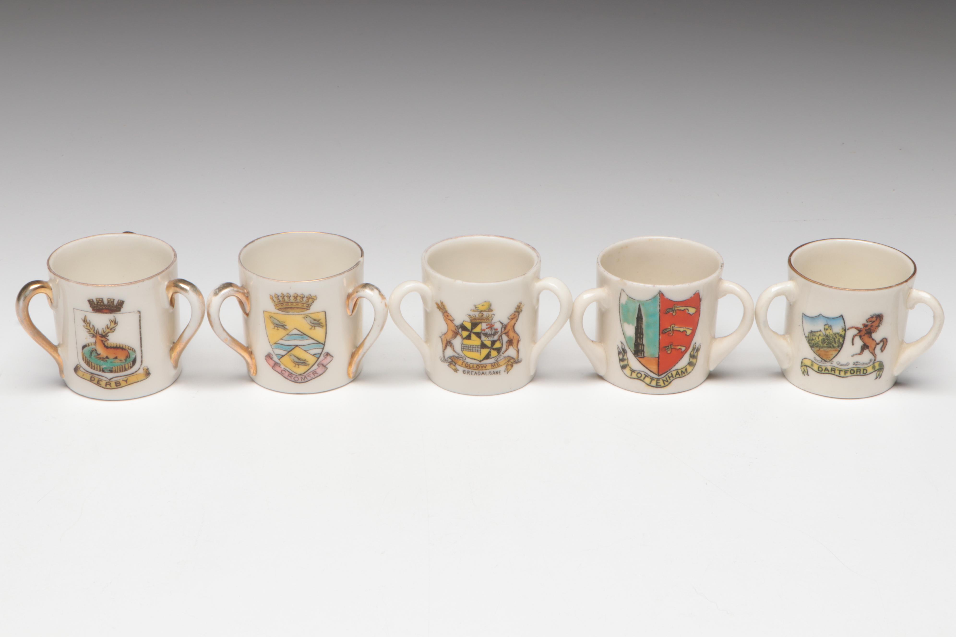 Heraldic Porcelain, Glass, and Metal Tygs with Other Cups and Toothpick Holders