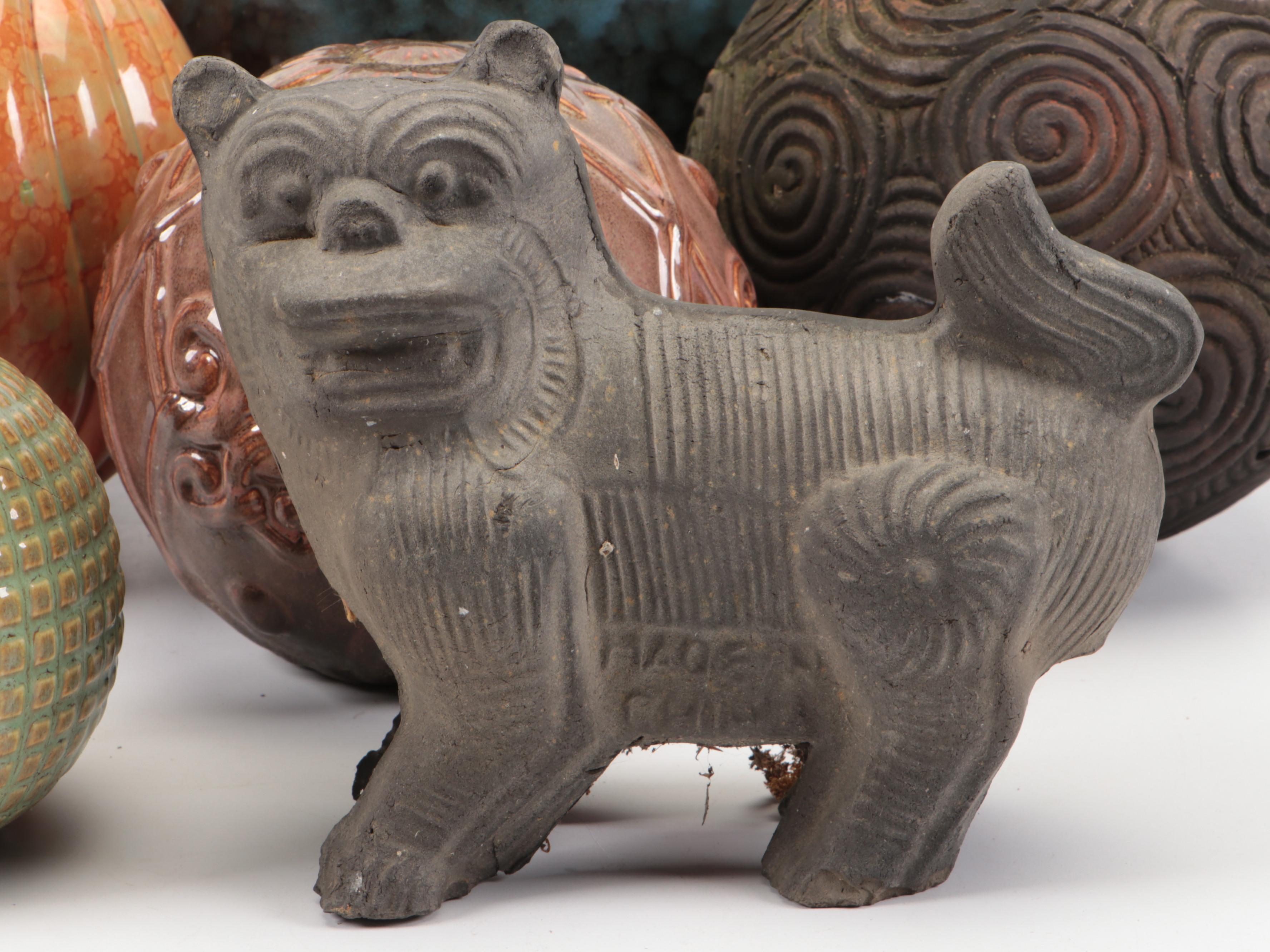 Chinese Metal Guardian Lion Garden Statue with Ceramic Spheres and More