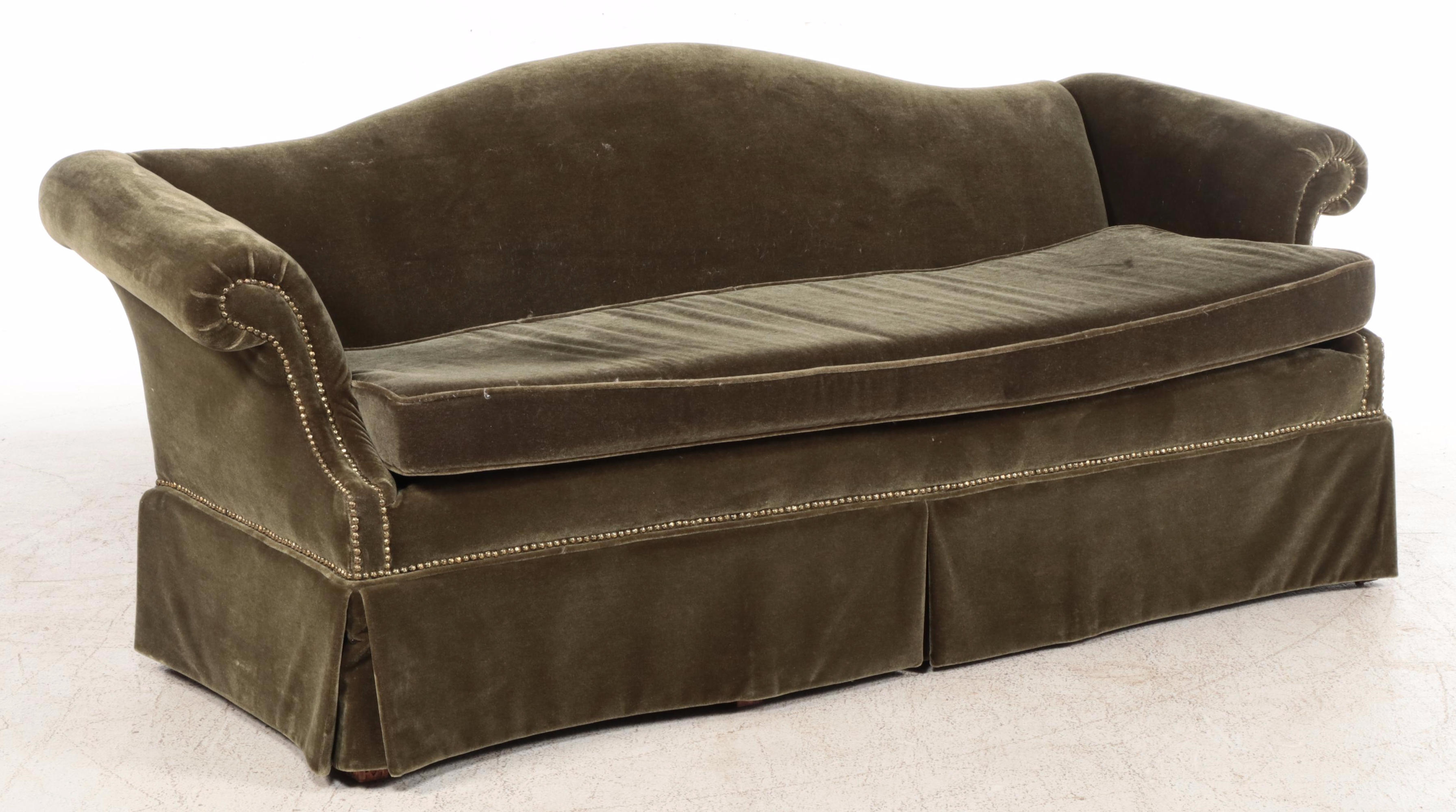 Green Velvet Upholstered Camelback Sofa