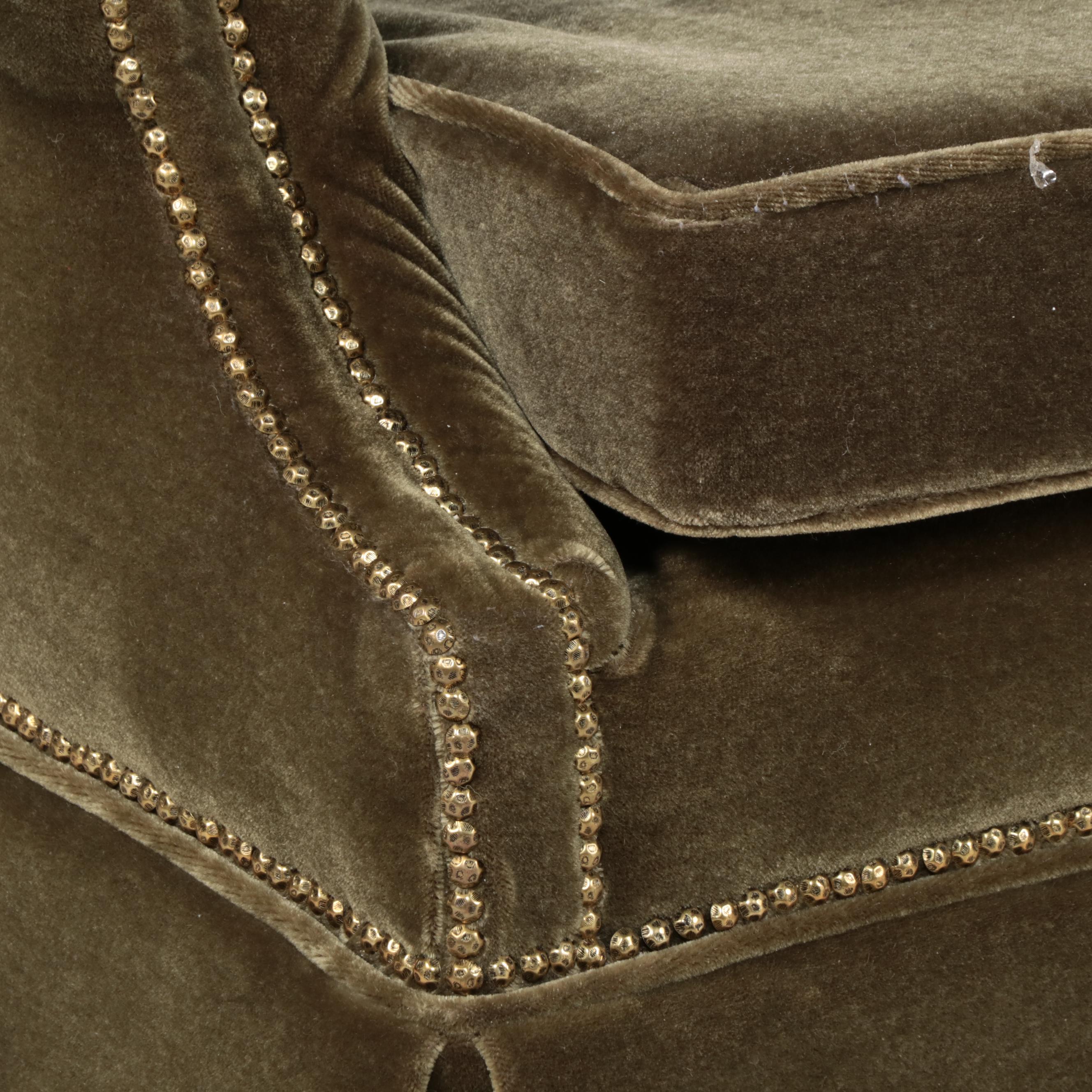 Green Velvet Upholstered Camelback Sofa