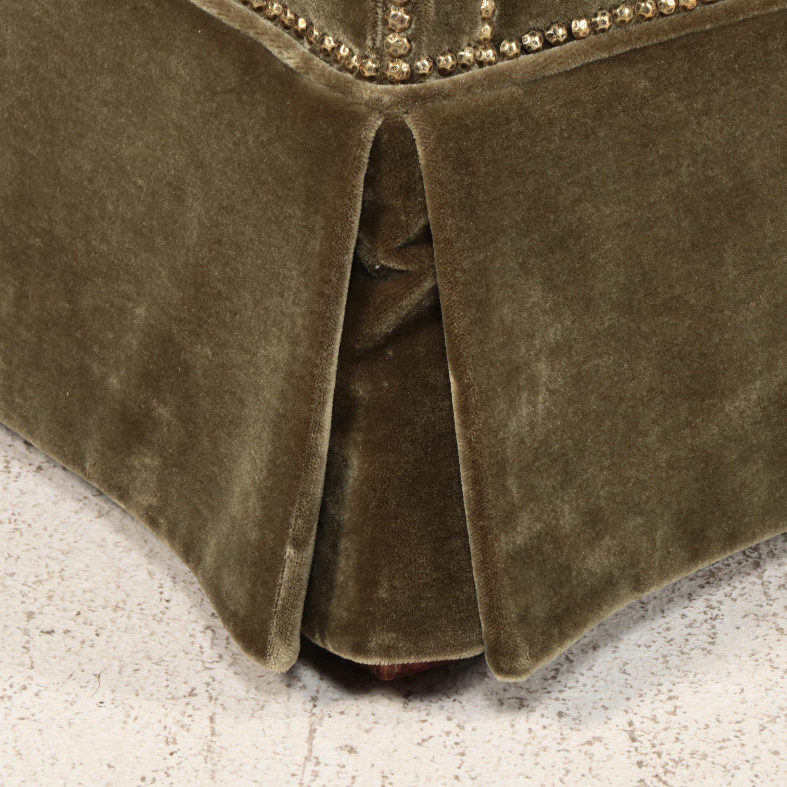 Green Velvet Upholstered Camelback Sofa