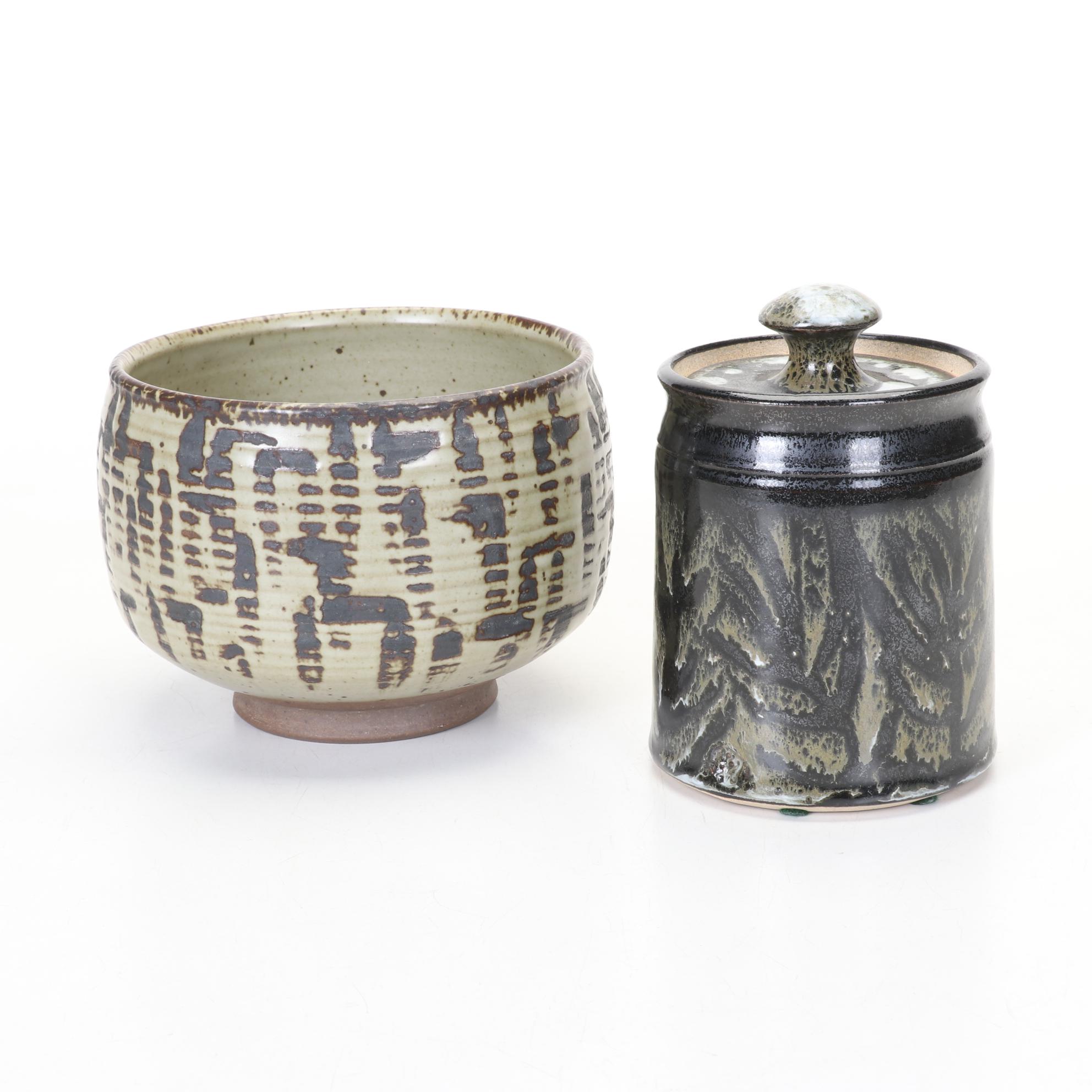 Art Pottery Wheel-Thrown Lidded Jar and Footed Bowl In Earth Tones