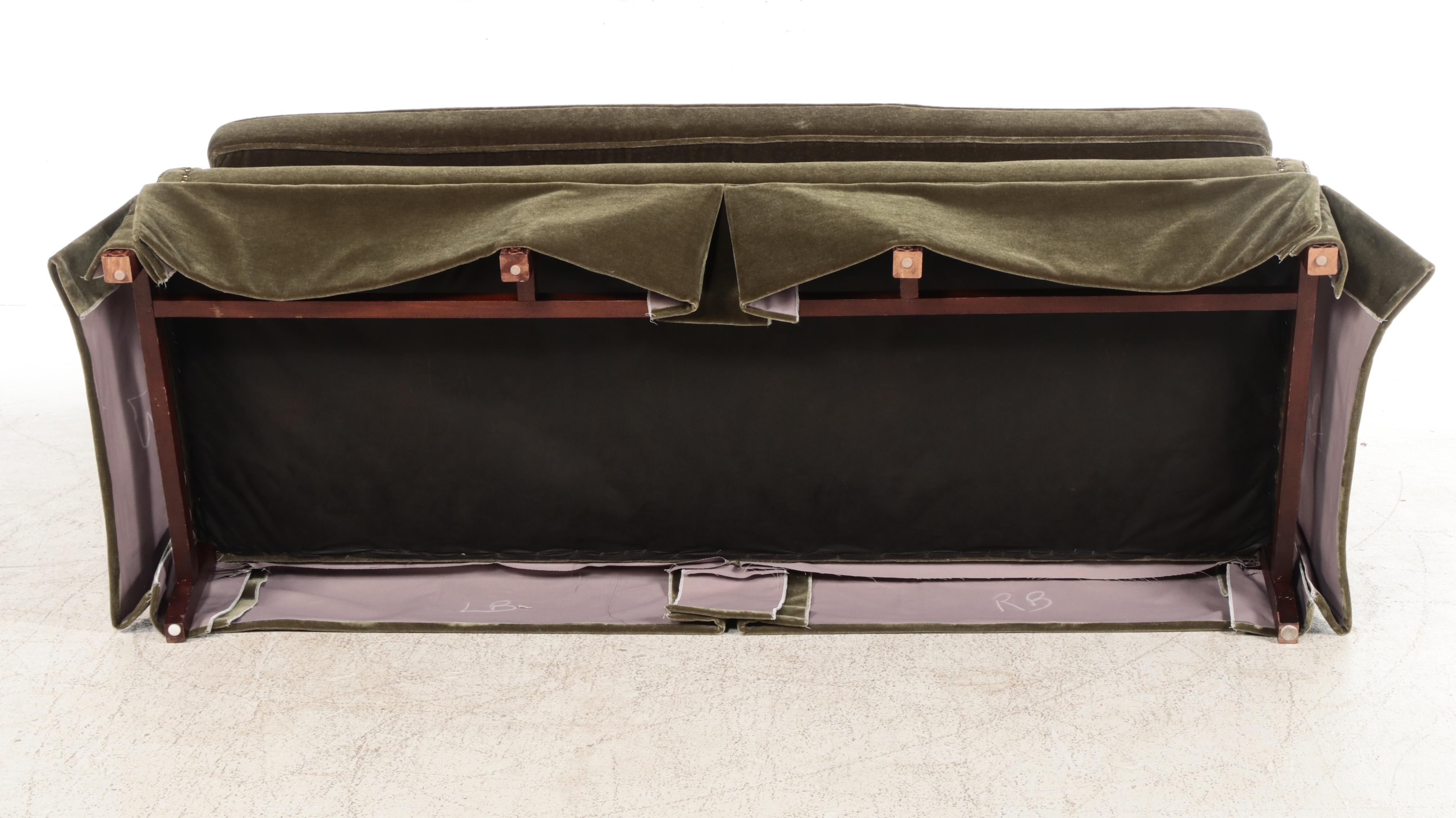 Green Velvet Upholstered Camelback Sofa