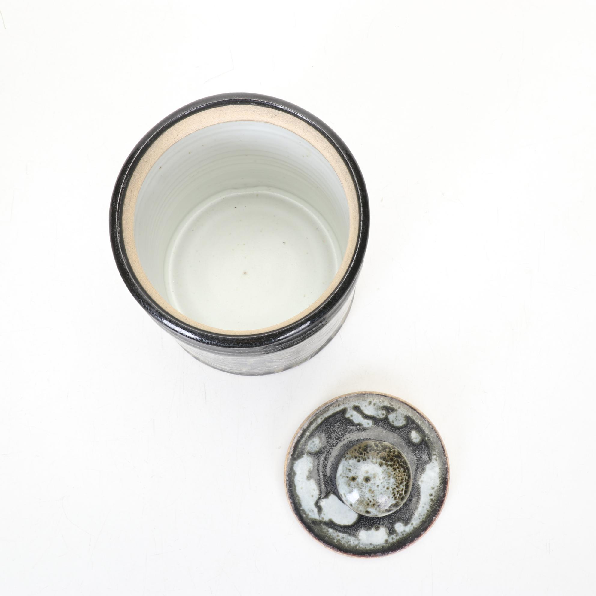 Art Pottery Wheel-Thrown Lidded Jar and Footed Bowl In Earth Tones