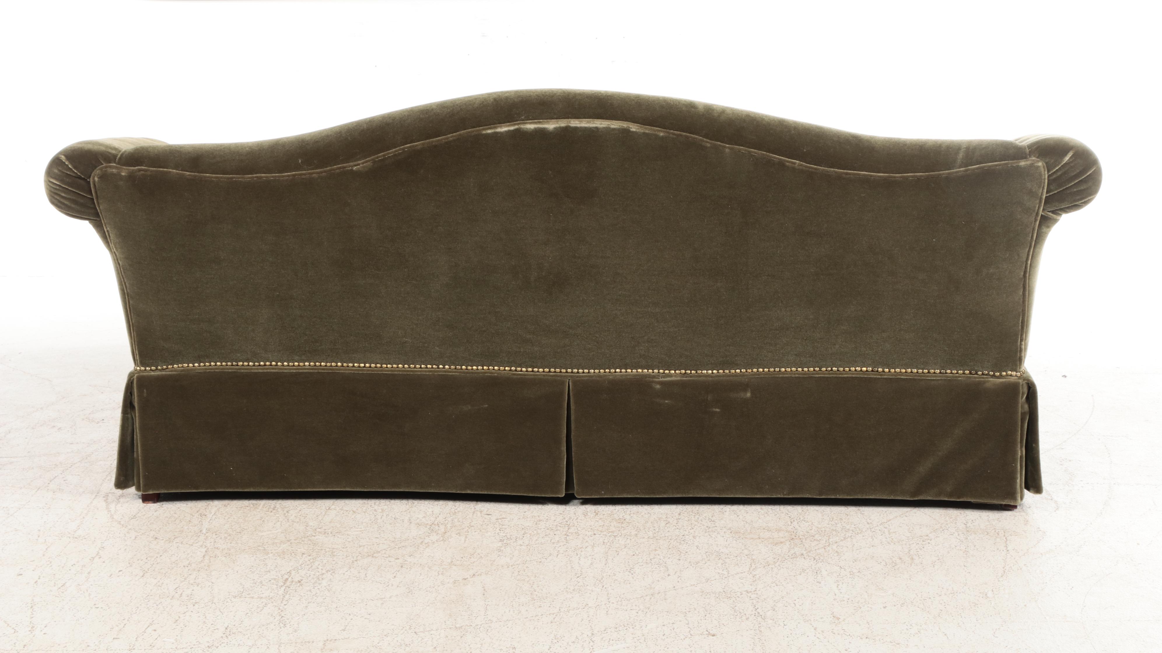 Green Velvet Upholstered Camelback Sofa