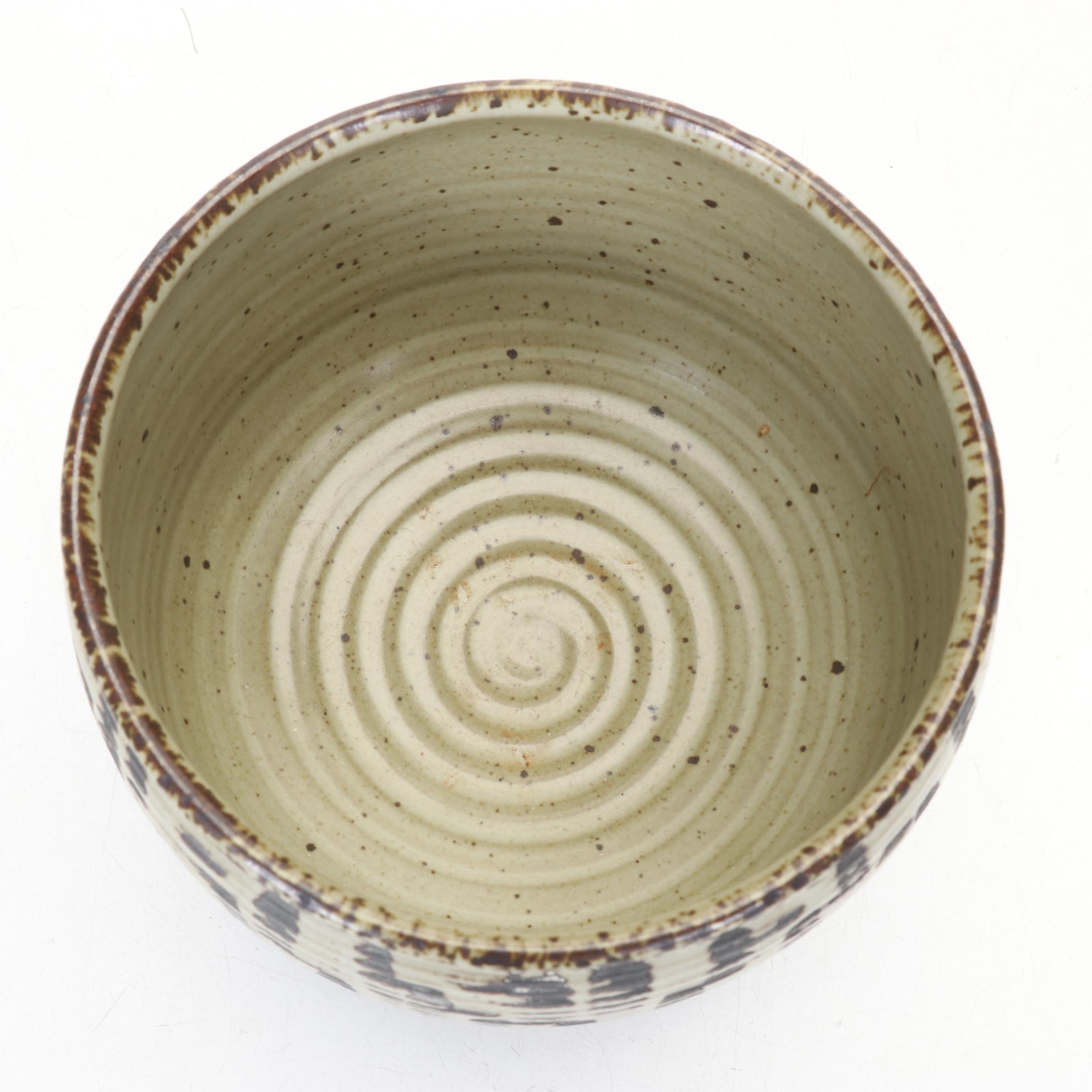 Art Pottery Wheel-Thrown Lidded Jar and Footed Bowl In Earth Tones