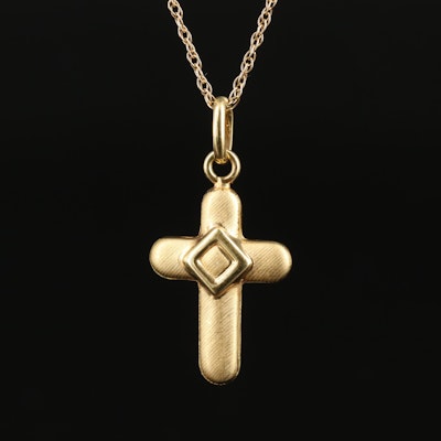18K Puff Cross Pendant on 14K Chain Necklace