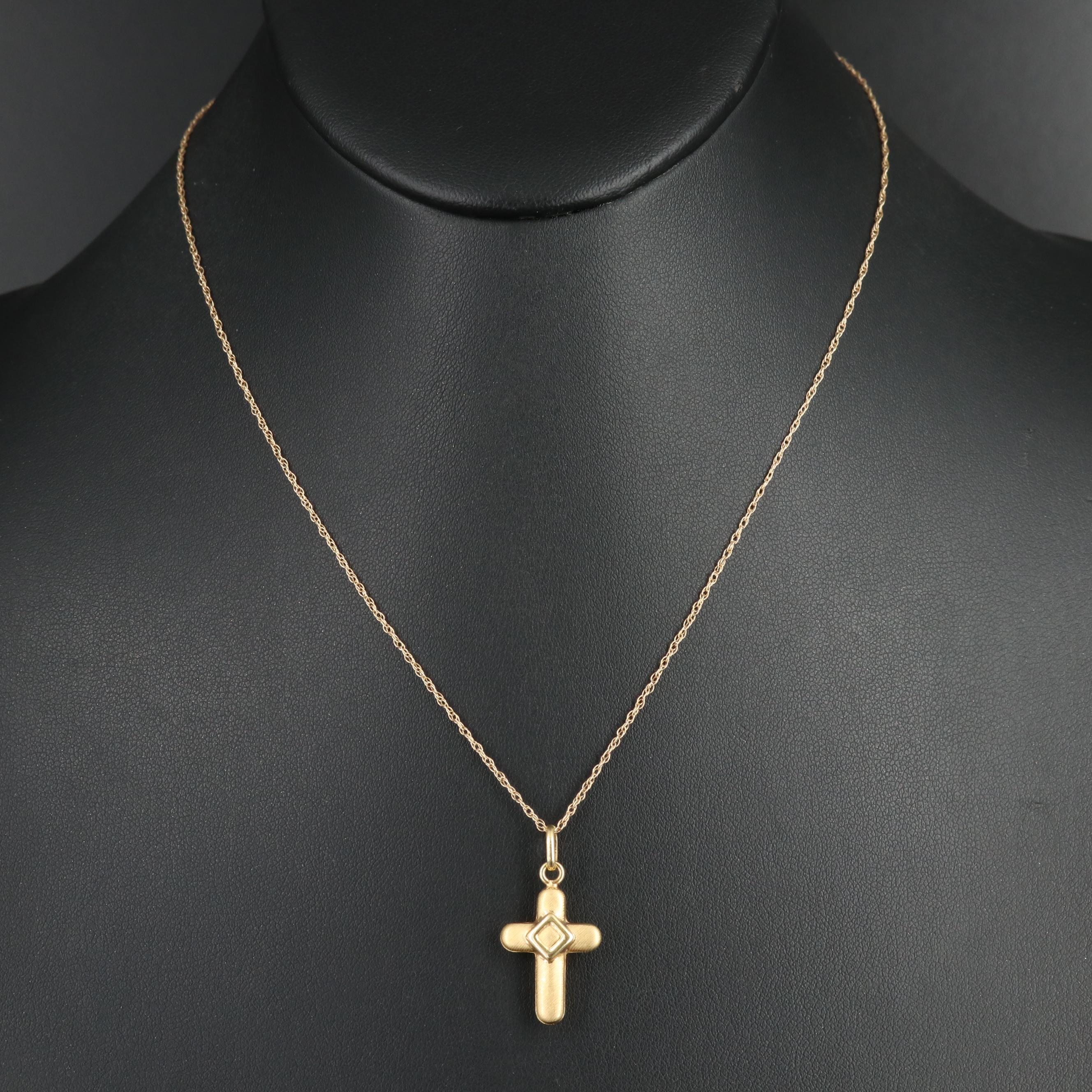 18K Puff Cross Pendant on 14K Chain Necklace