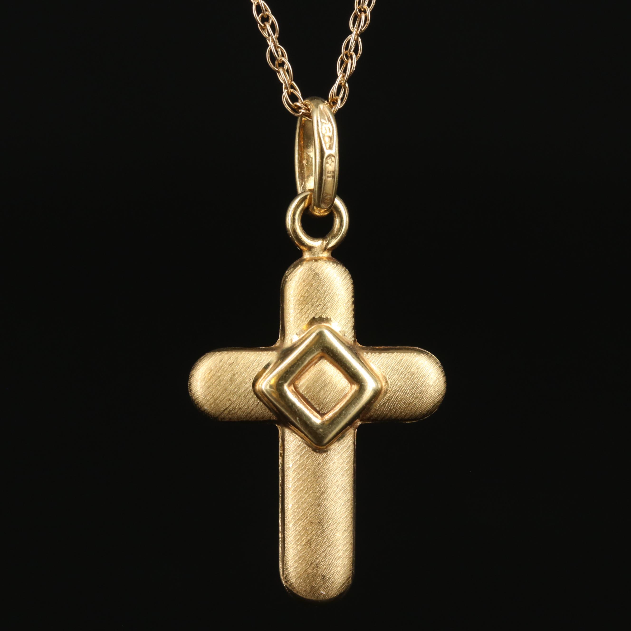 18K Puff Cross Pendant on 14K Chain Necklace