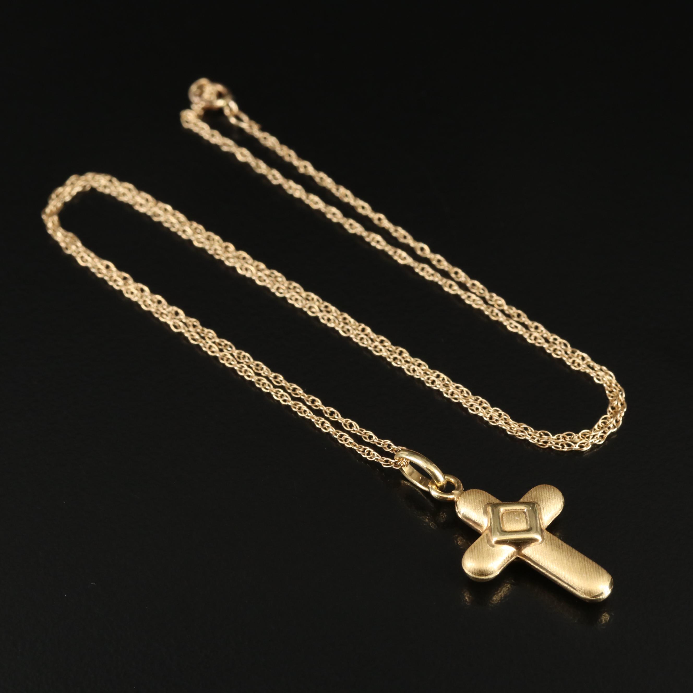 18K Puff Cross Pendant on 14K Chain Necklace