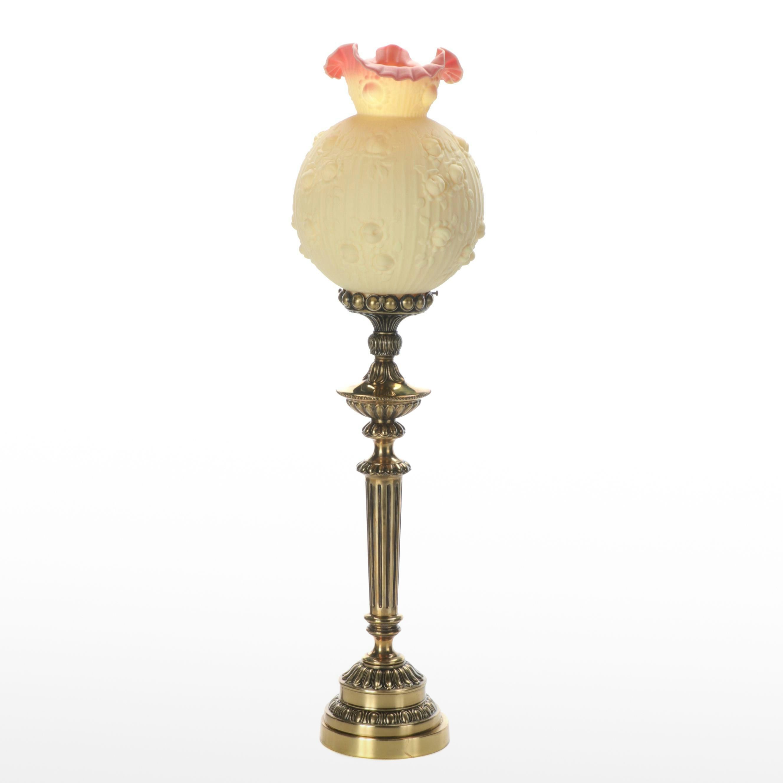 Fenton Burmese "Embossed Roses" Lampshade with Brass Candlestick Table Lamp