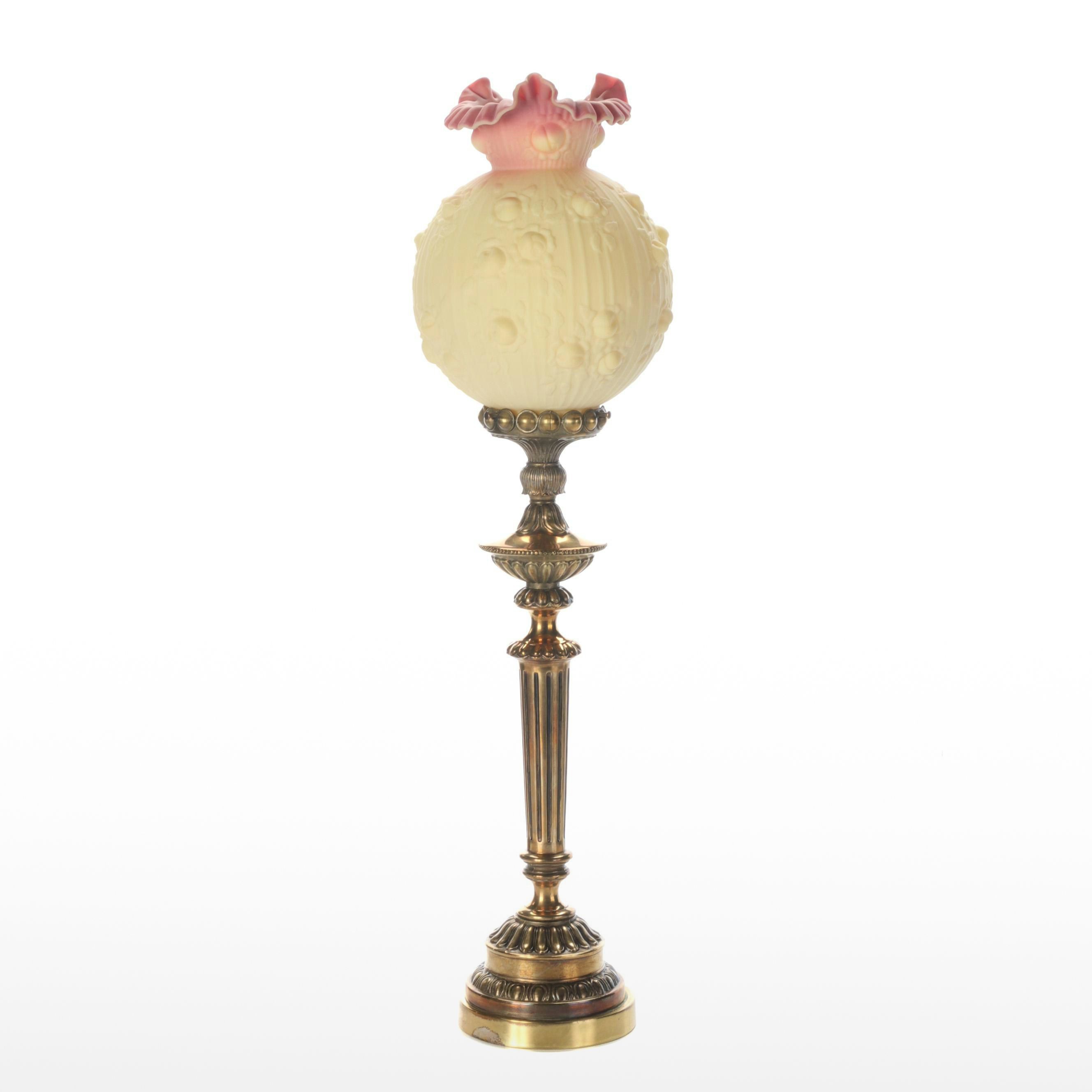 Fenton Burmese Ruffled Glass Lampshade with Brass Candlestick Table Lamp