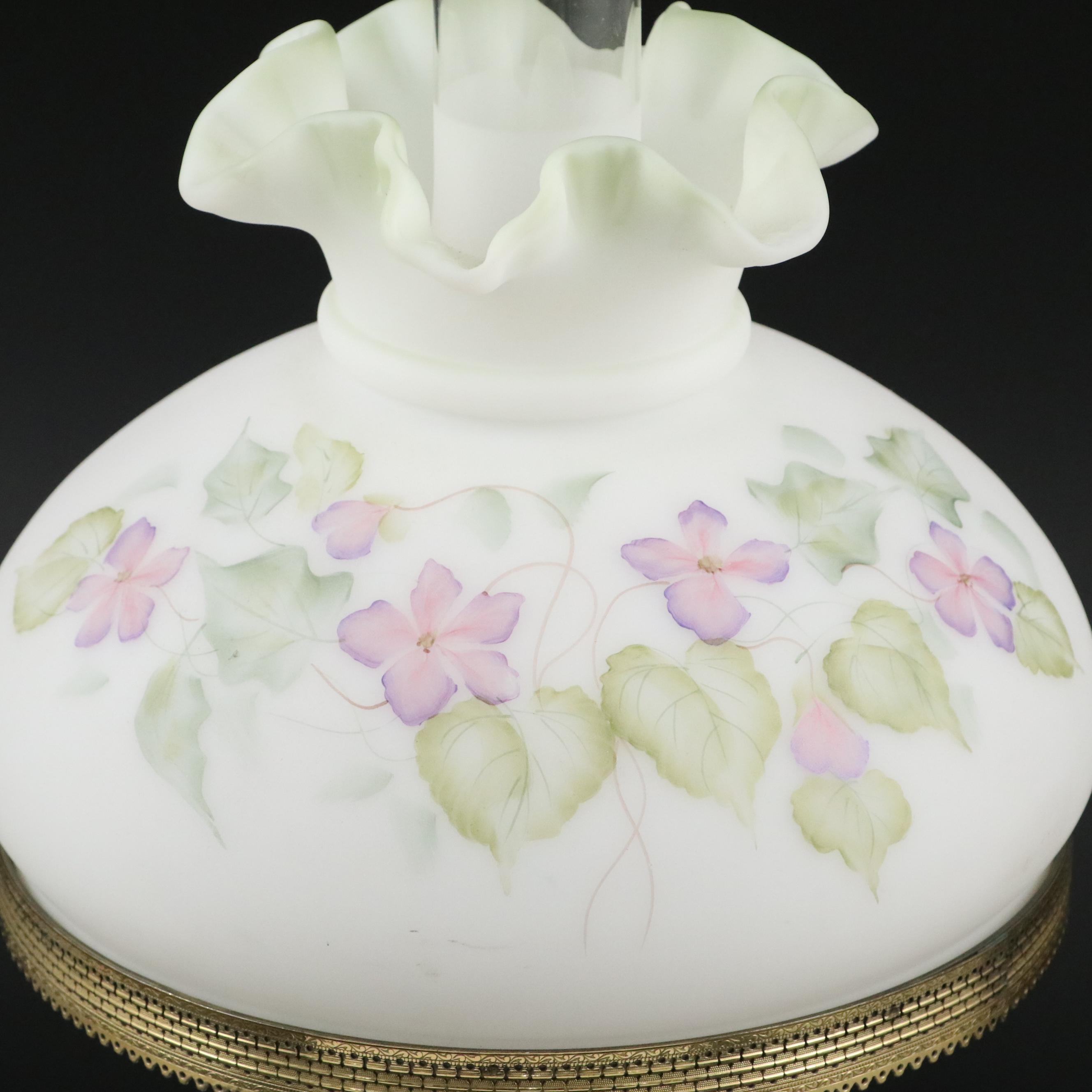 Fenton Hand-Painted Purple Flowers on Satin Glass Student Lamp, Late 20th C