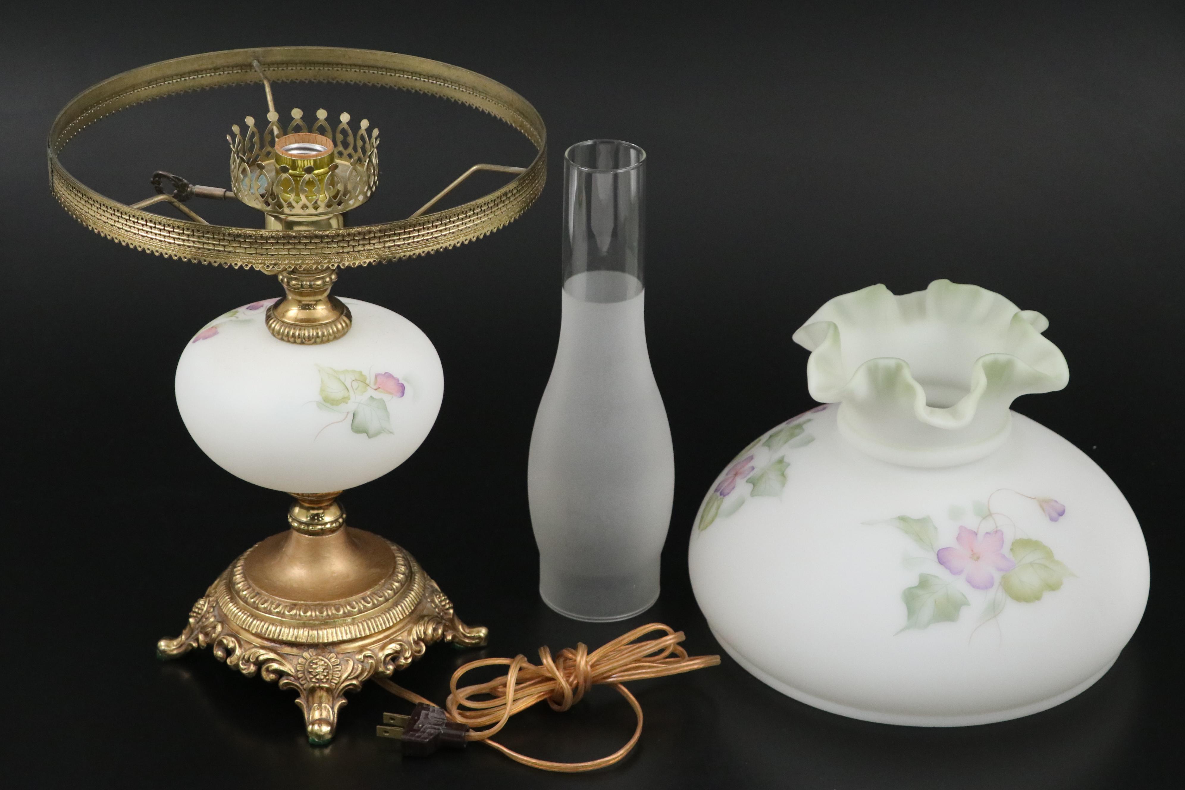 Fenton Hand-Painted Purple Flowers on Satin Glass Student Lamp, Late 20th C