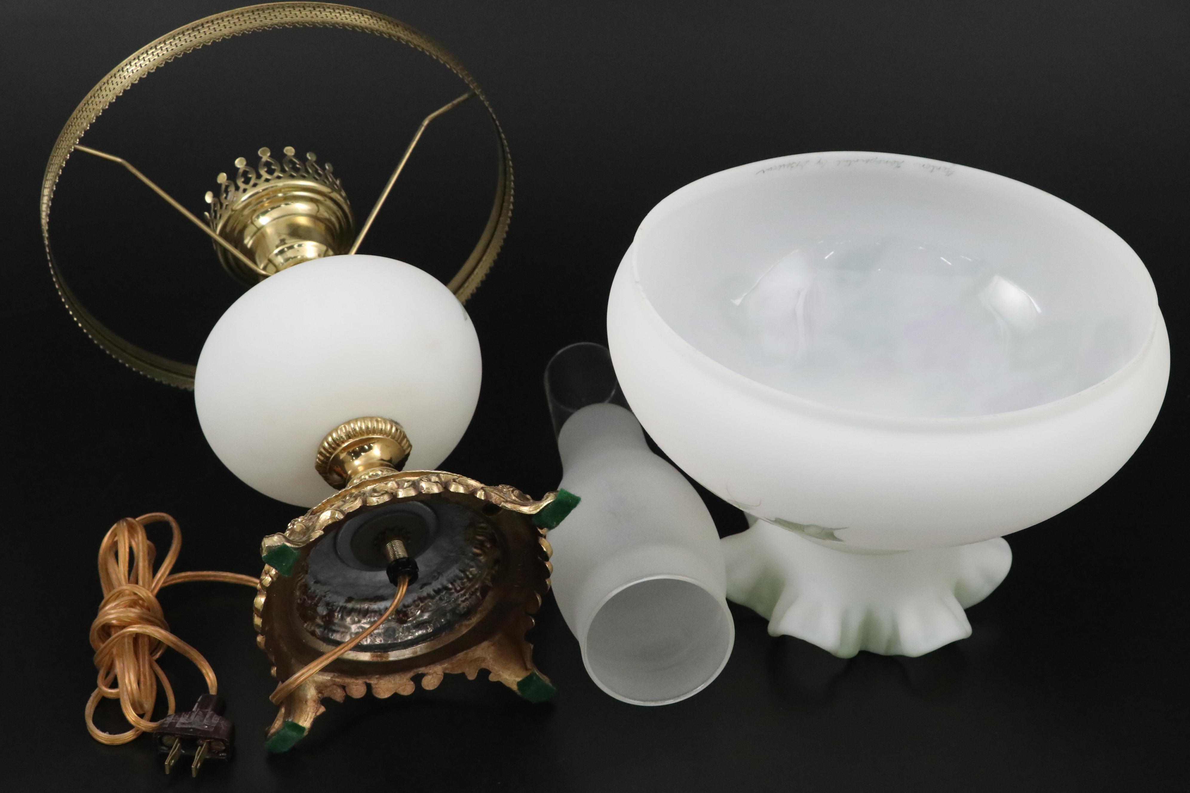 Fenton Hand-Painted Purple Flowers on Satin Glass Student Lamp, Late 20th C