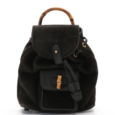 Gucci Bamboo Mini Drawstring Backpack in Black Suede