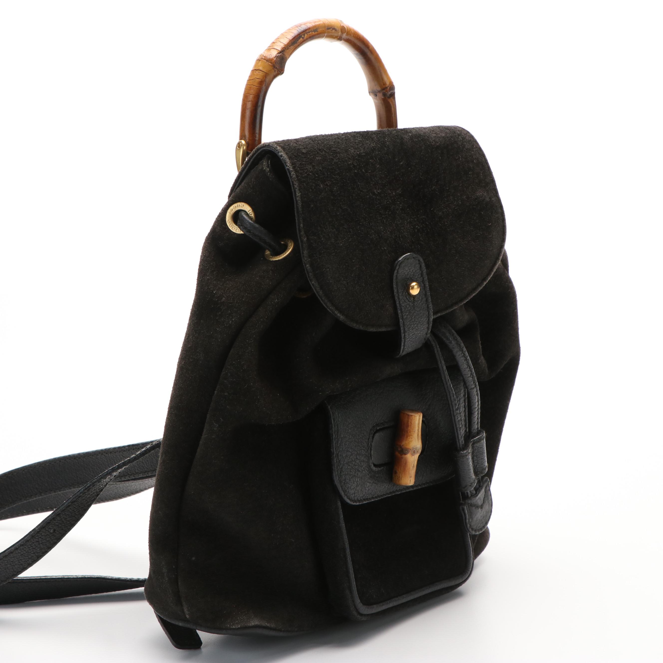 Gucci Bamboo Mini Drawstring Backpack in Black Suede