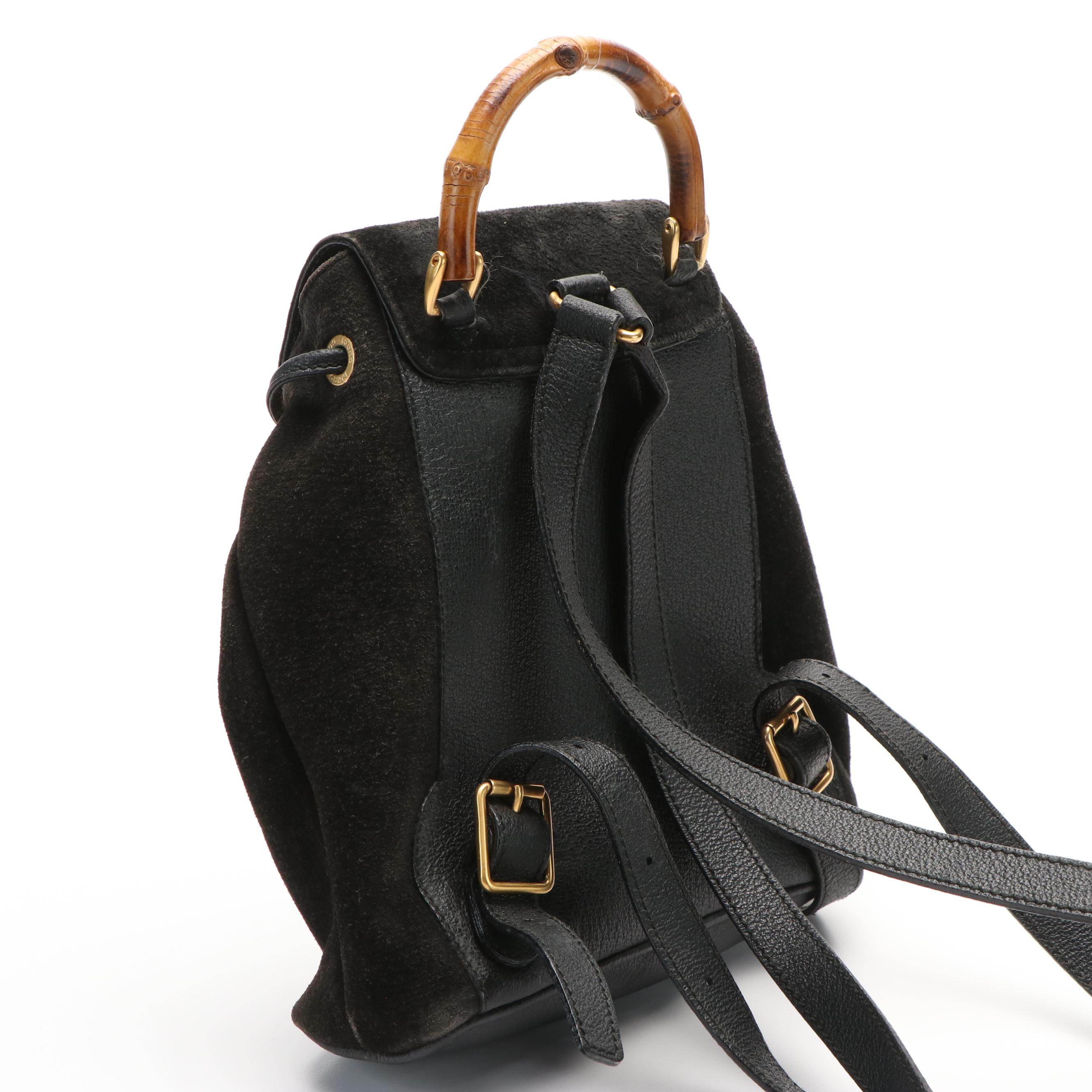 Gucci Bamboo Mini Drawstring Backpack in Black Suede