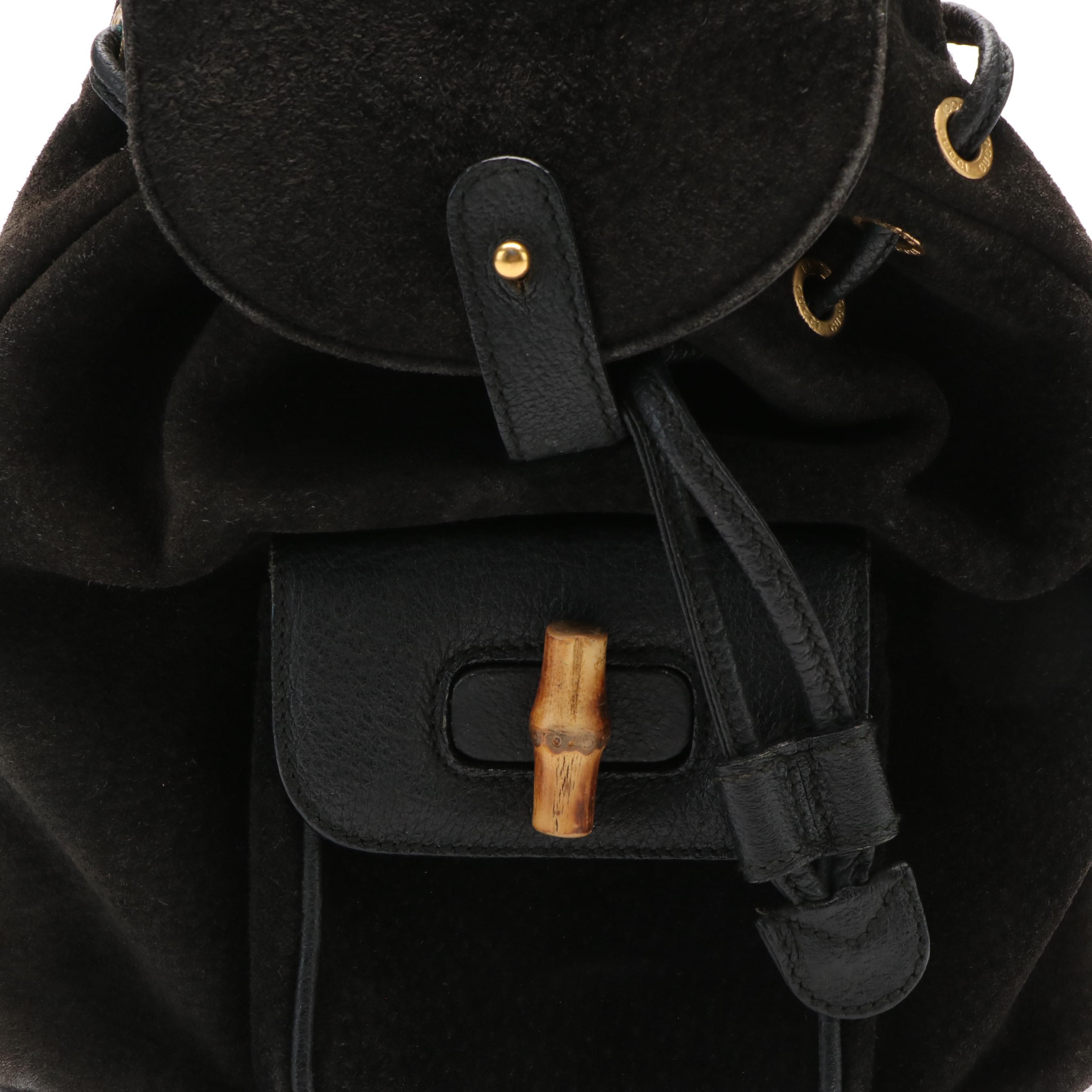 Gucci Bamboo Mini Drawstring Backpack in Black Suede