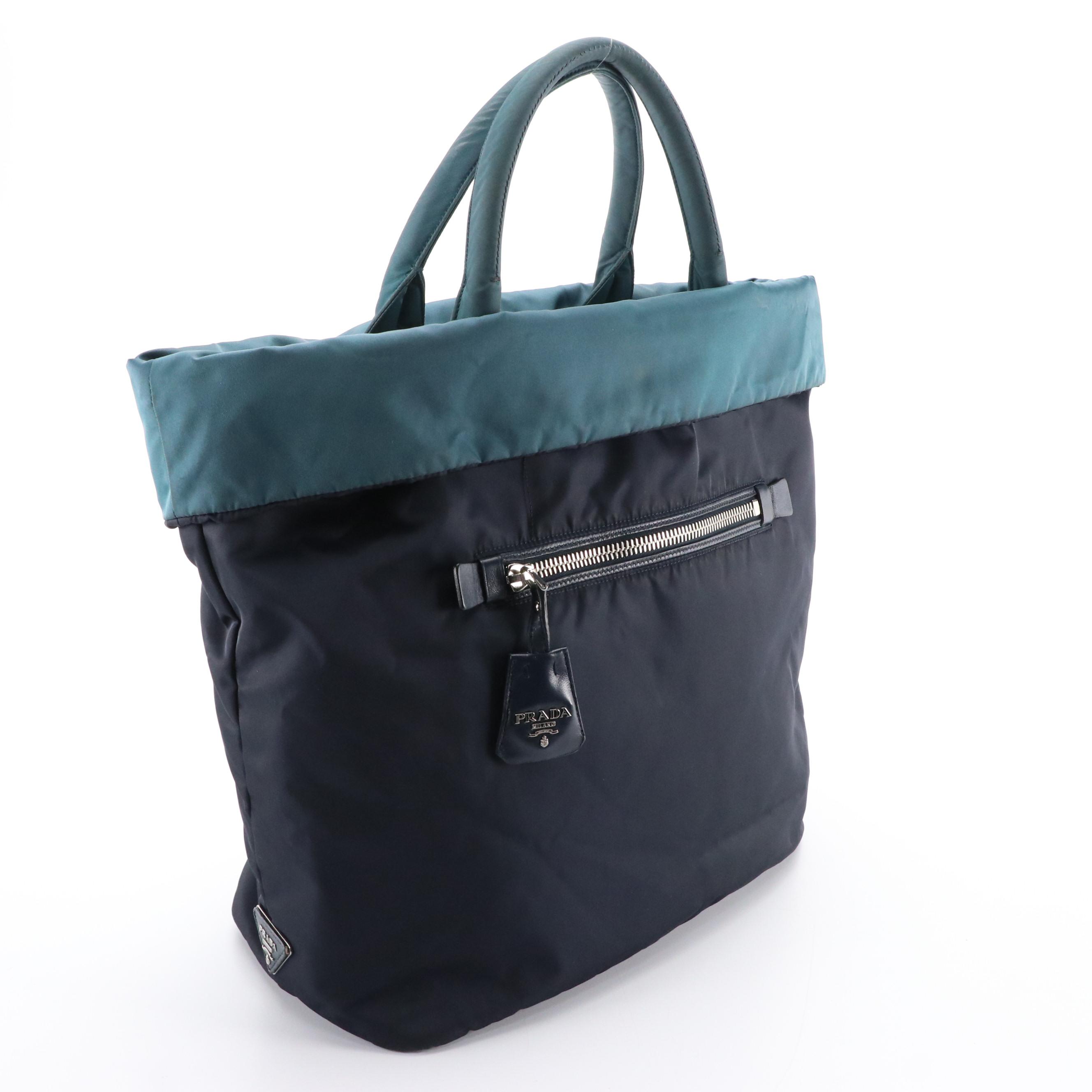 Prada Reversible Shoulder Tote in Dark Turquoise and Navy Blue Tessuto Nylon