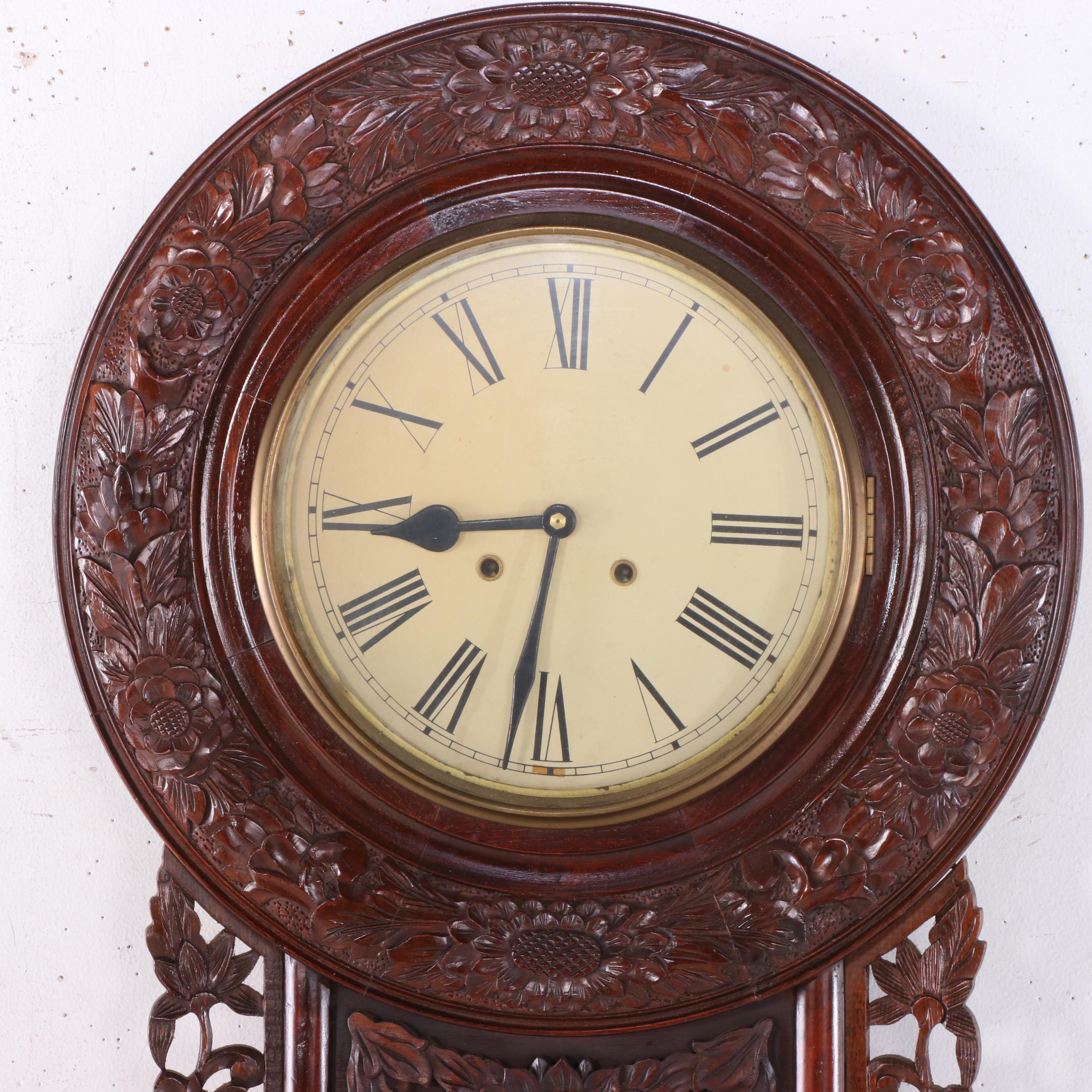Hand-Carved Wood Wall-Mounted Large Regulator A Clock