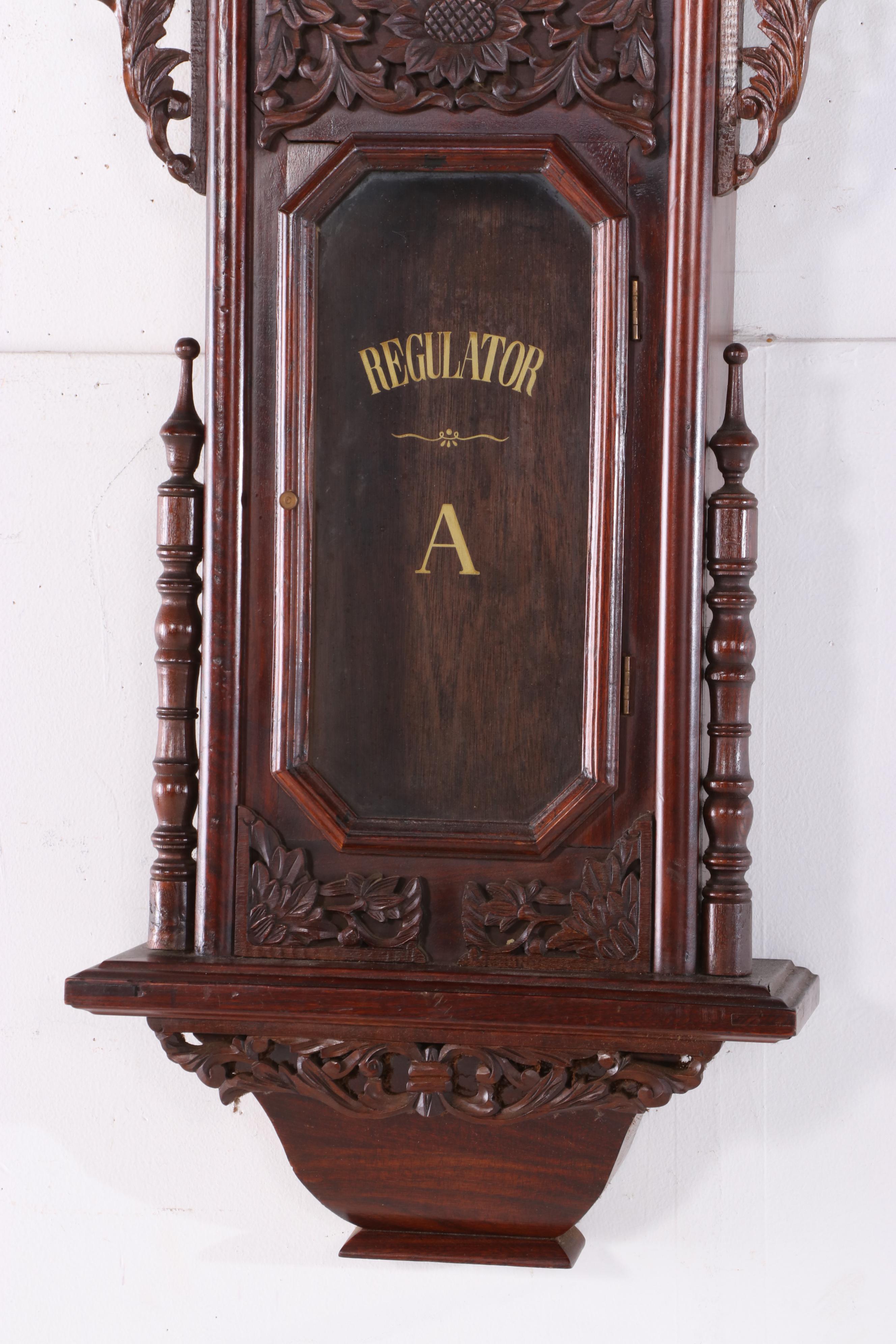 Hand-Carved Wood Wall-Mounted Large Regulator A Clock