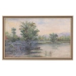 Naive Lake Landscape Oil Painting, Mid-20th Century