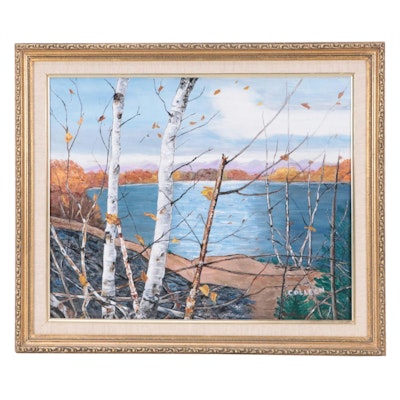 Colleen Oil Painting of Lake Landscape With Birches