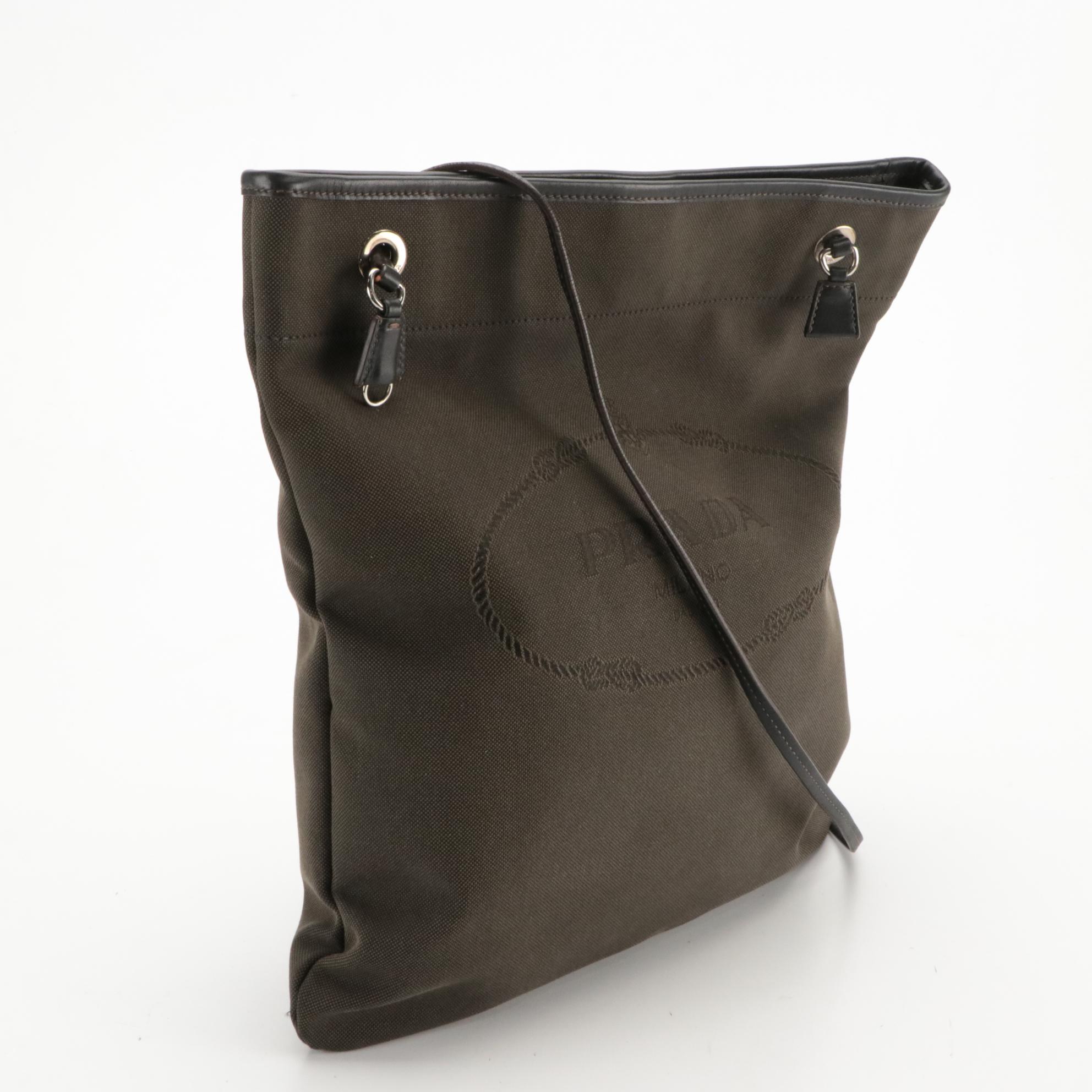 Prada Slim Crossbody Tote in Logo Canapa Canvas with Leather Trim